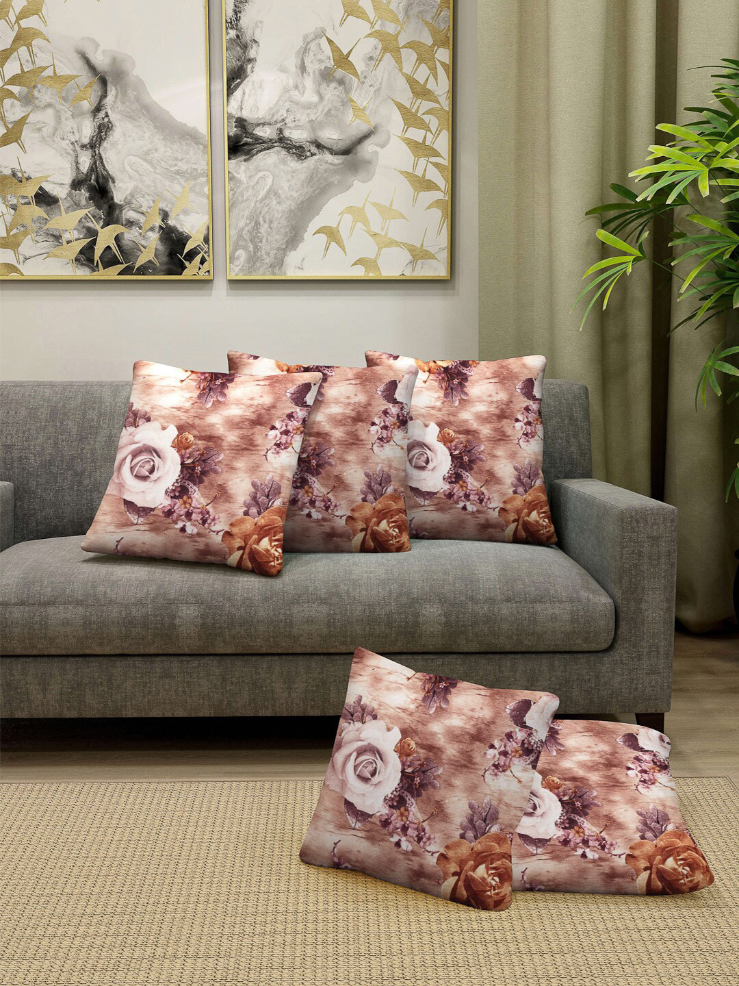 Arrabi Beige Floral Polyester Lightweight 5 Pcs Square Cushion Covers - 16 x 16 In