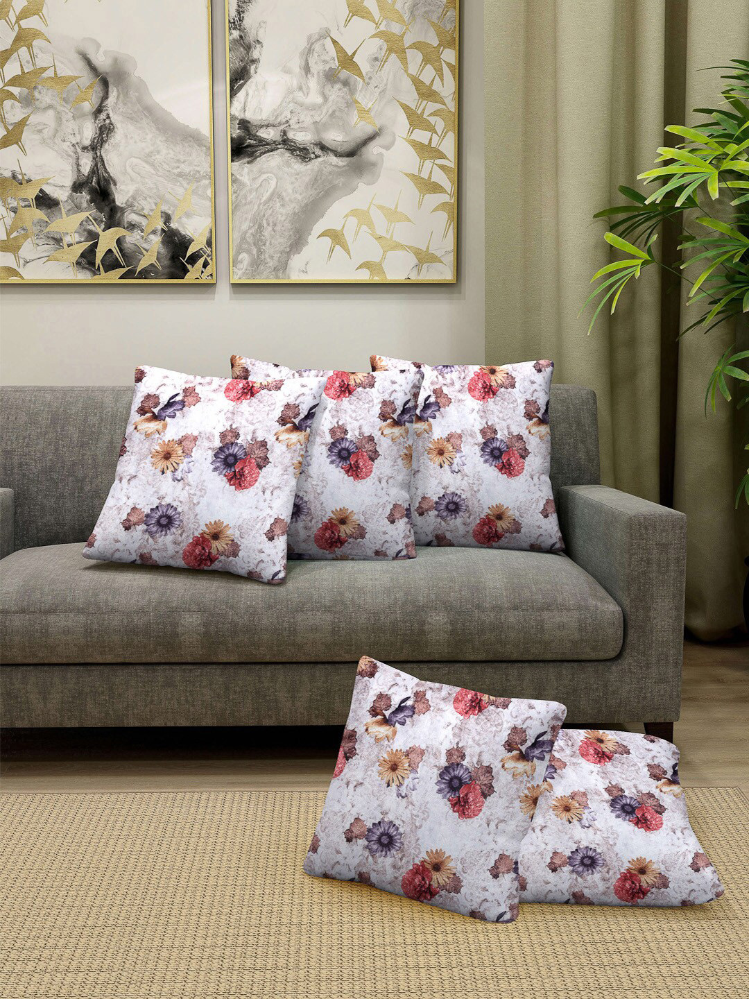Arrabi Set of 5 White & Red Floral Square Chenille Cotton Cushion Covers