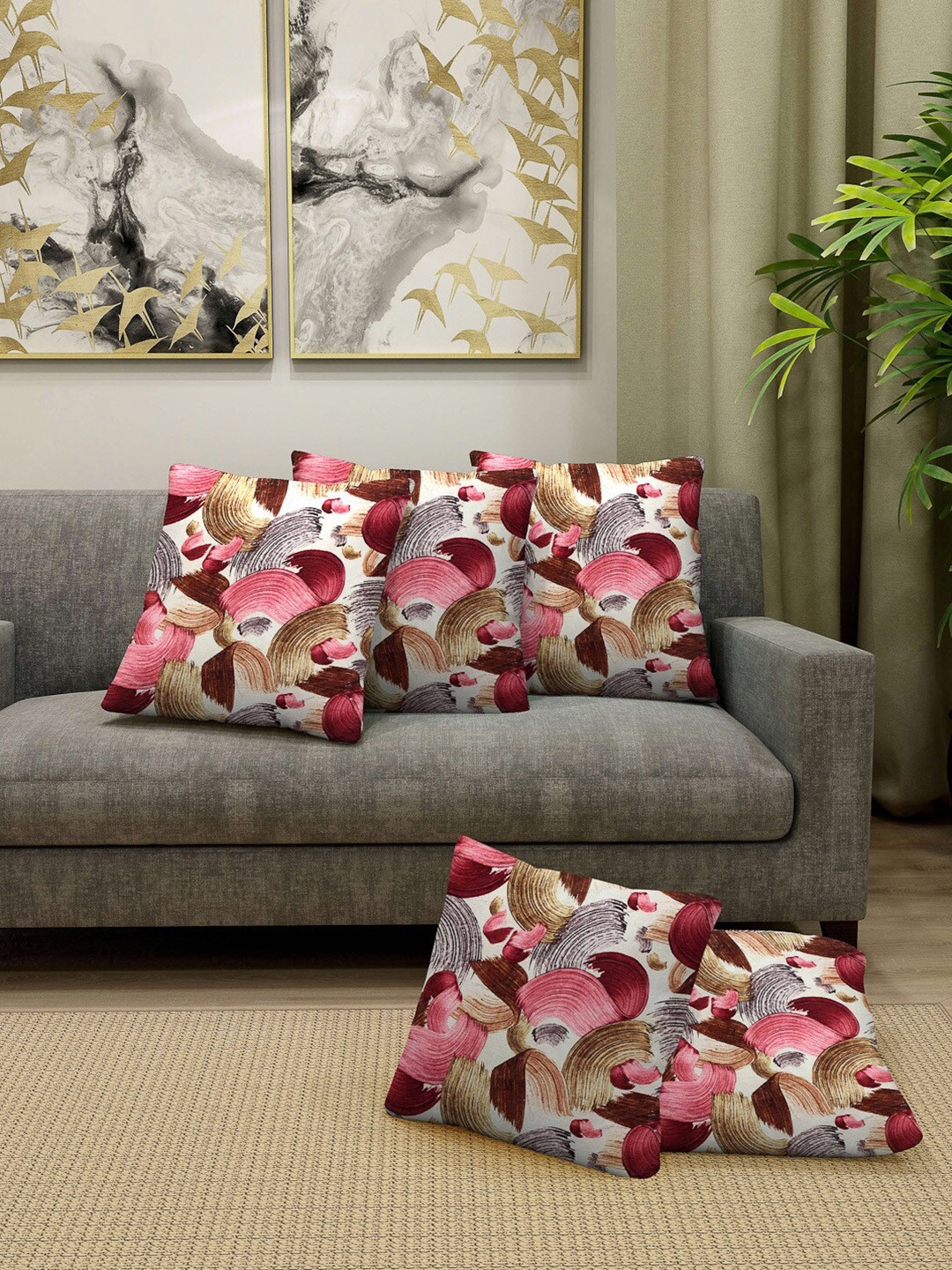 Arrabi Geometric Brown Abstract Polycotton Durable 5 Piece Square Cushion Covers -16x16In