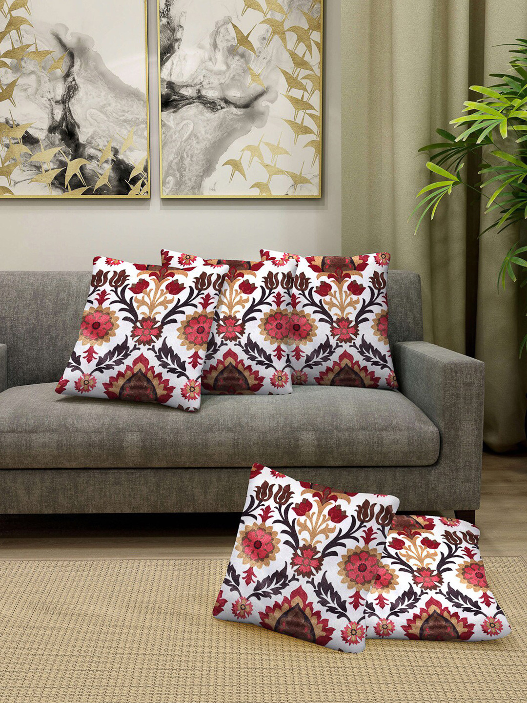 Arrabi Soft & Light-Weight Floral Chenille Durable 5 Pcs Square Cushion Covers -16x16In