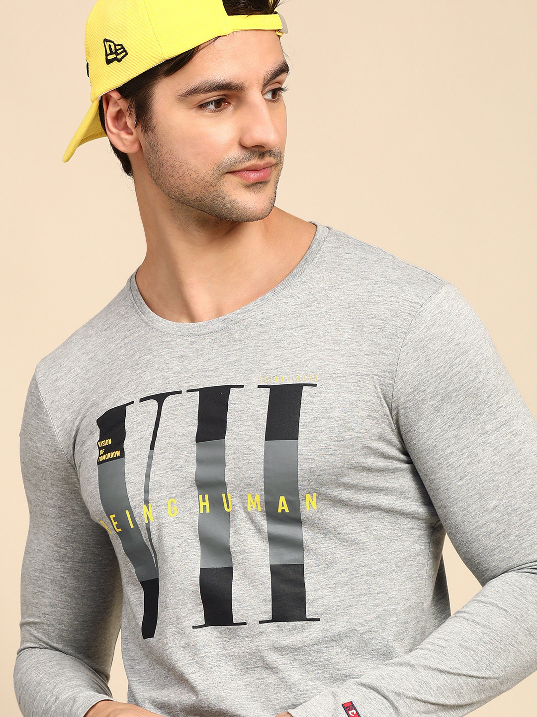 Being Human Men Grey Melange Typography Printed Pure Cotton T-shirt