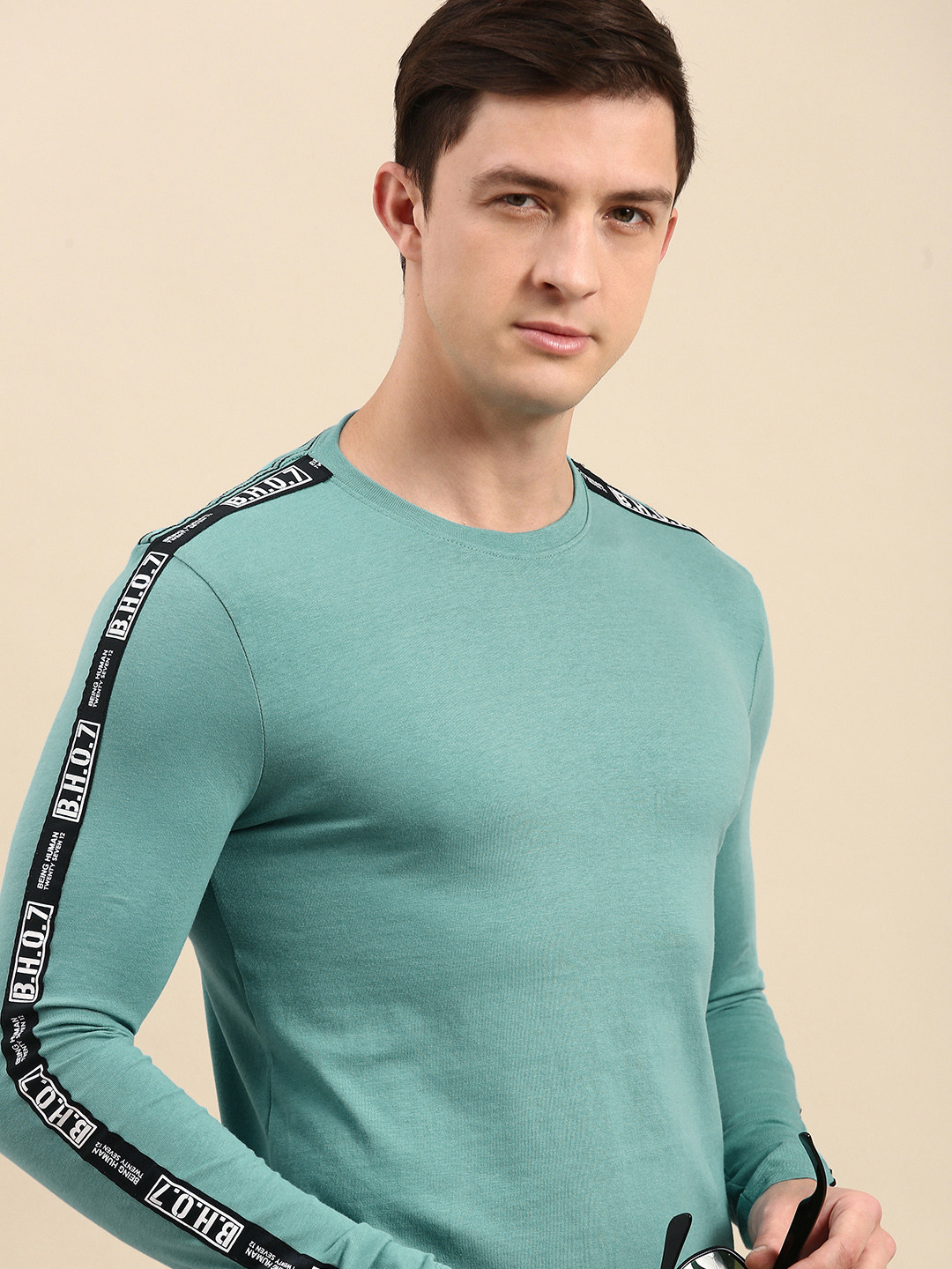 Being Human Men Turquoise Blue Side Striped T-shirt