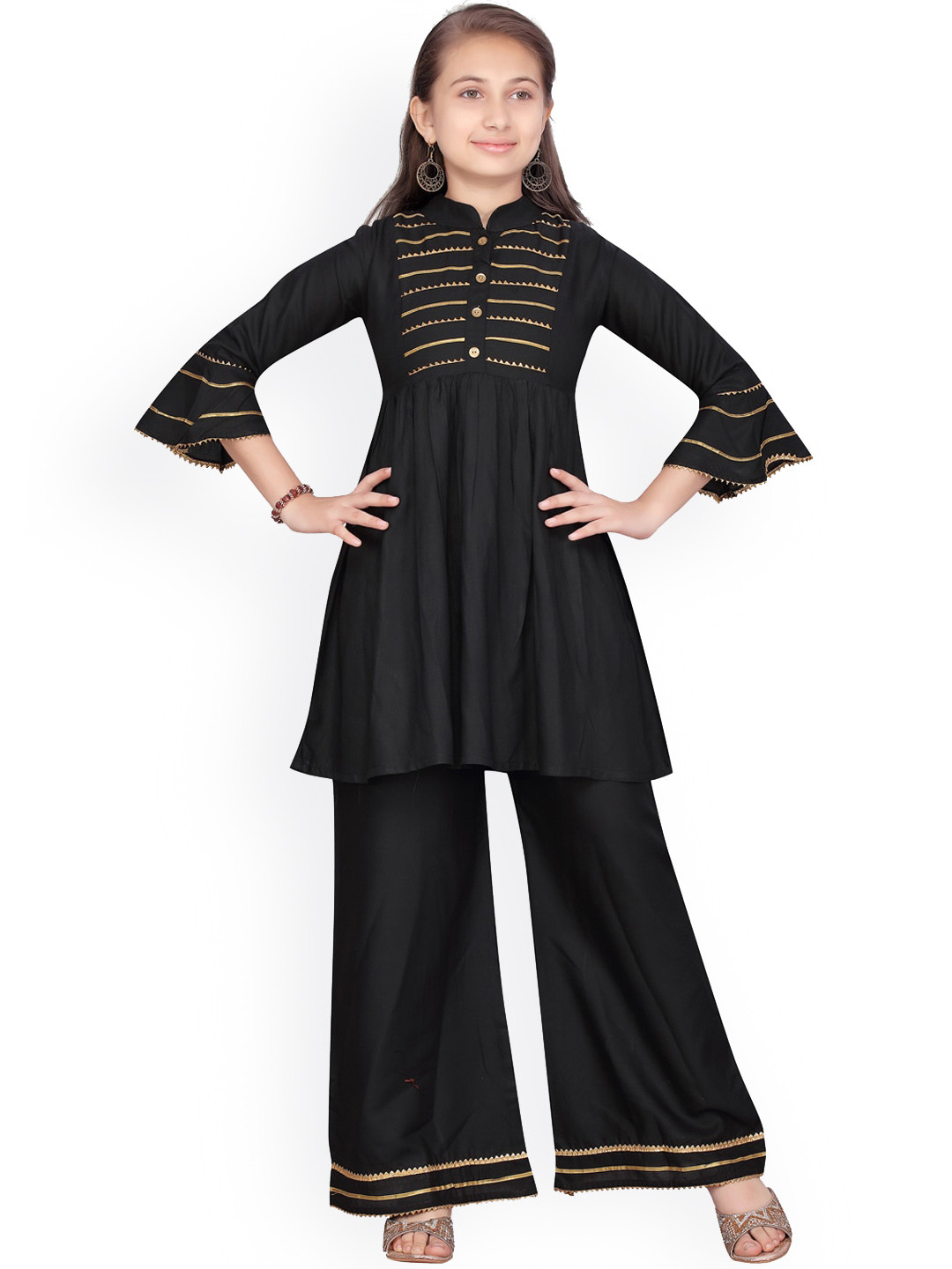 Aarika Girls Black Striped Pleated Pure Cotton Kurti With Palazzos