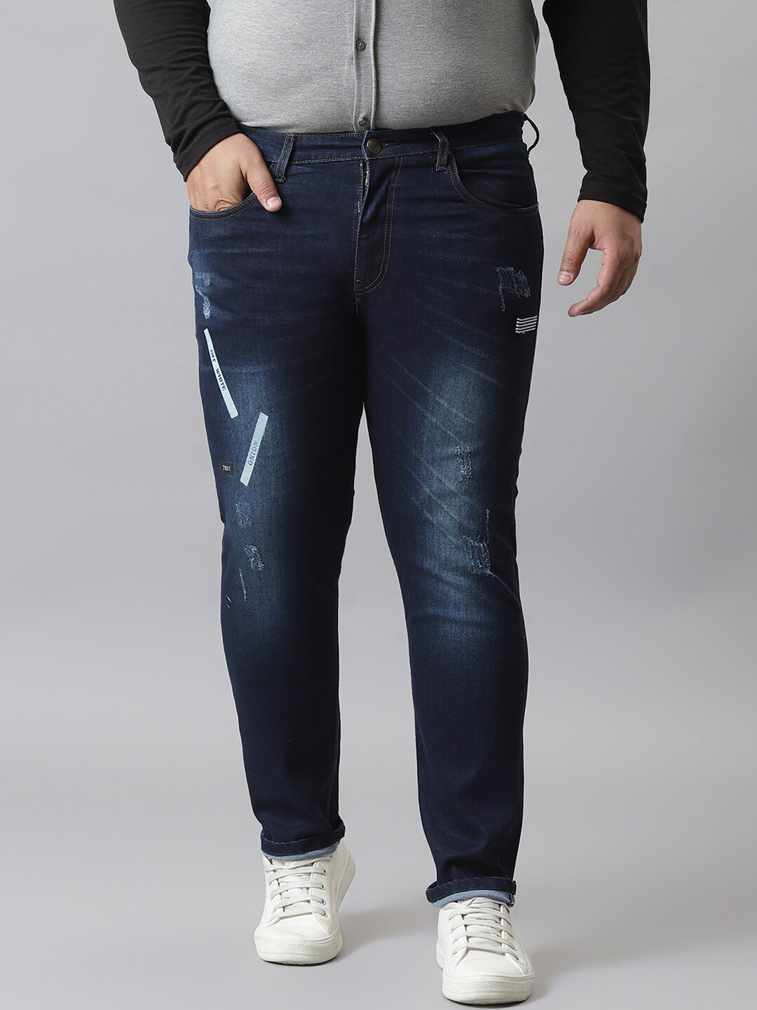 Instafab Plus Men Navy Blue Mildly Distressed Light Fade Jeans