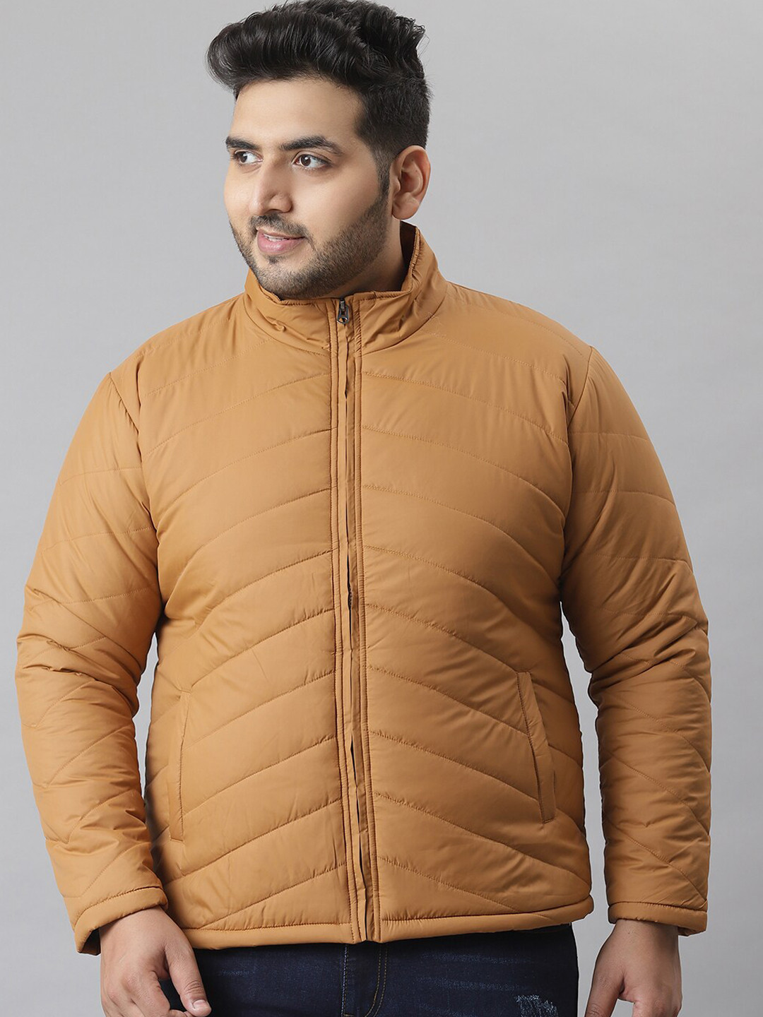 Instafab Plus Men Plus Size Brown Windcheater Padded Jacket