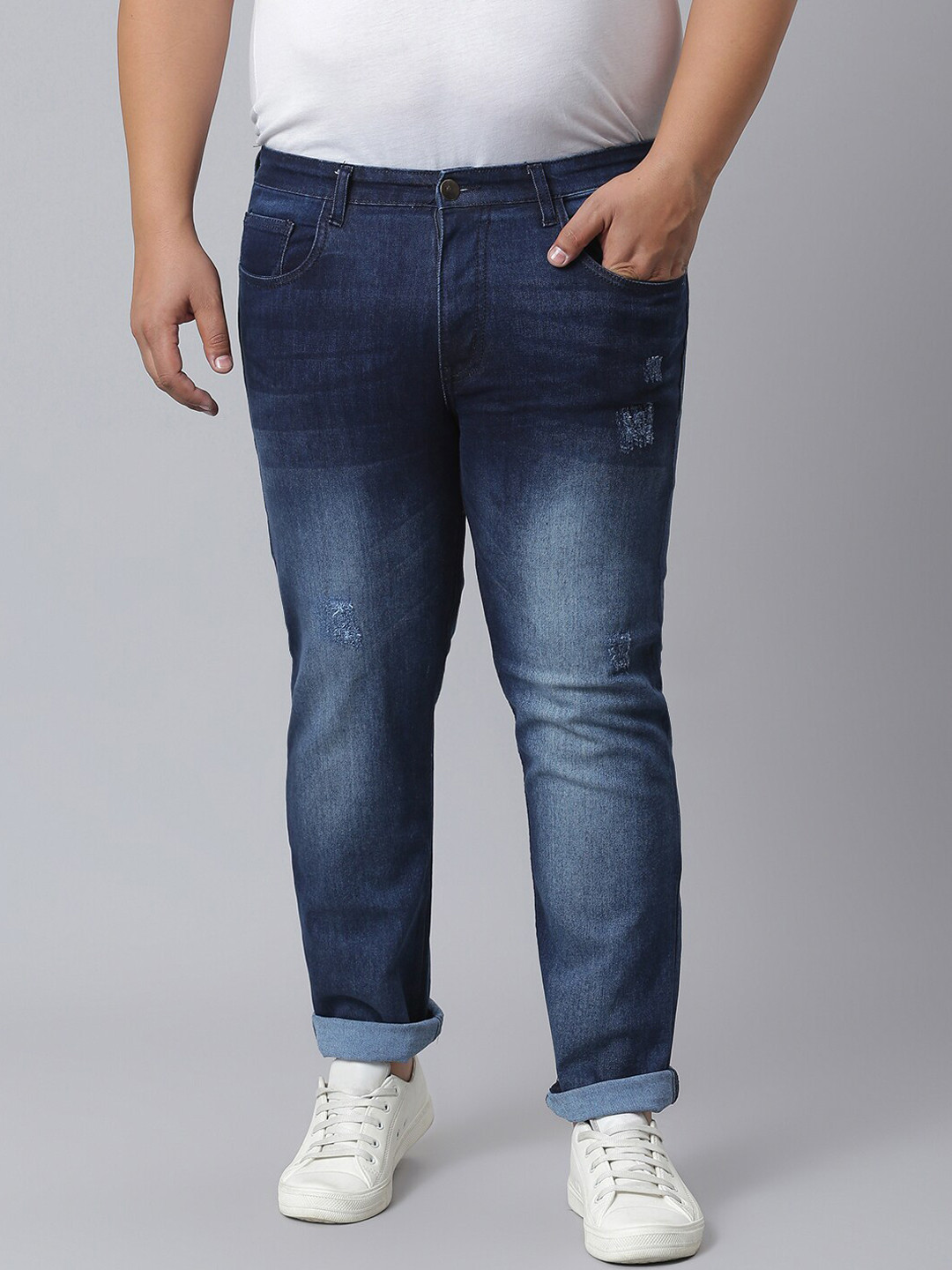 Instafab Plus Men Blue Mildly Distressed Light Fade Jeans