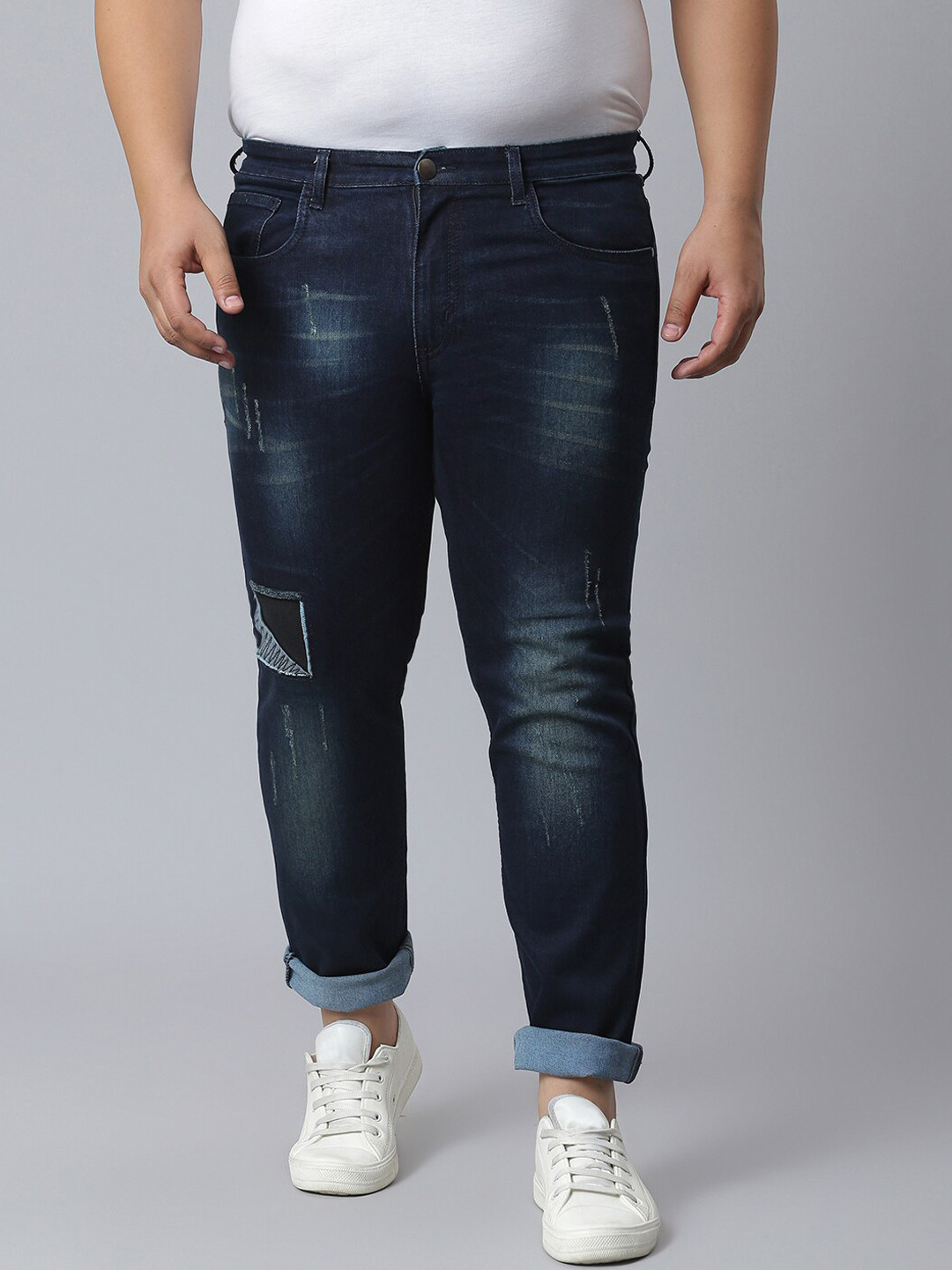 Instafab Plus Men Navy Blue Low Distress Light Fade Jeans