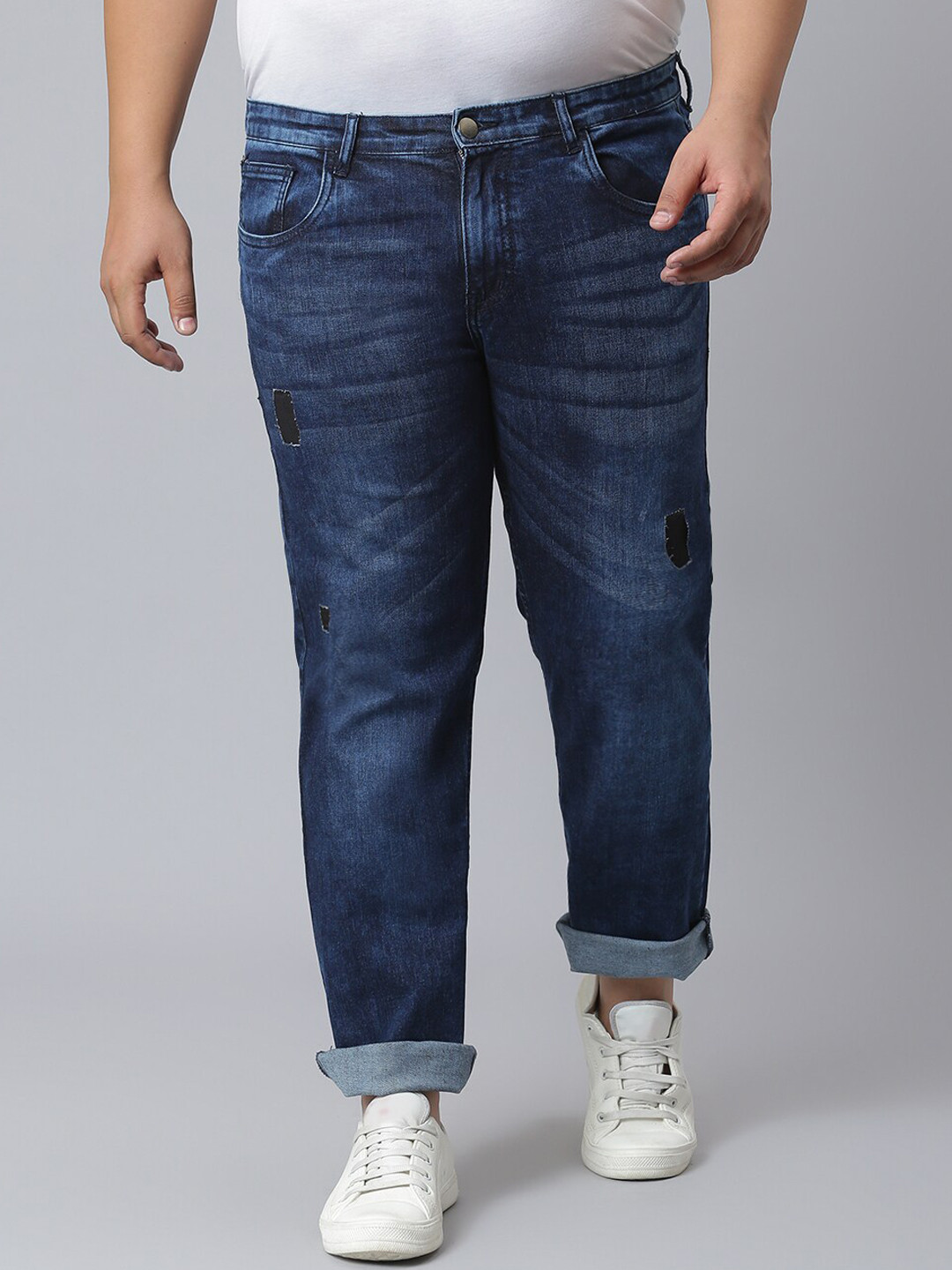 Instafab Plus Men Blue Mildly Distressed Light Fade Stretchable Jeans