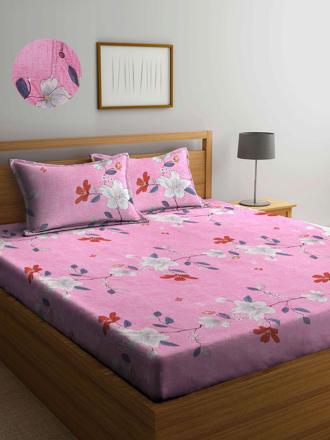 Arrabi Royal Passion Pink Floral Polycotton 300 TC Fitted King Fine Bedsheet with 2 Pillow Covers-98 x 106 inches