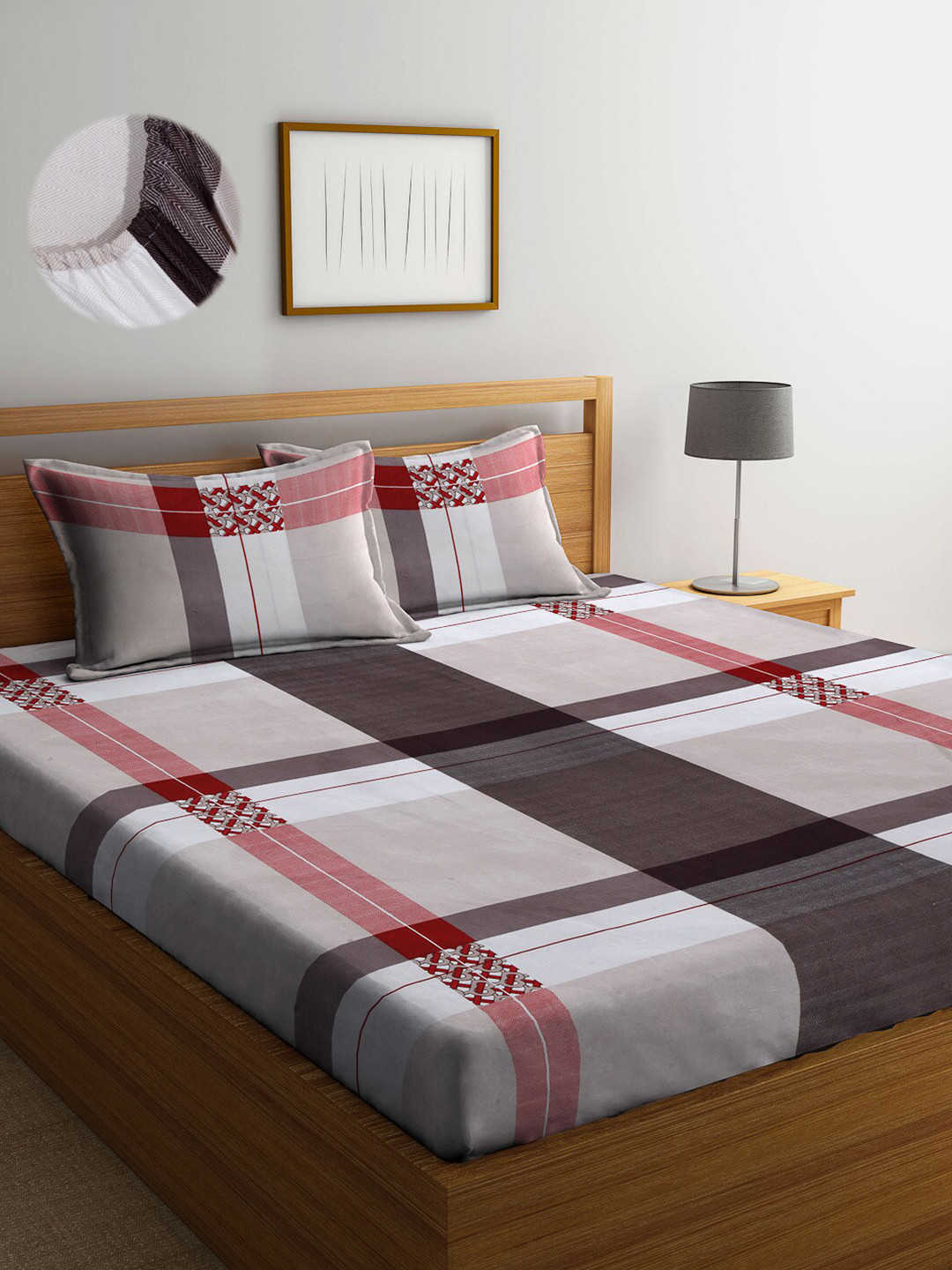Arrabi Beige Checked Polycotton 300 TC Fitted King Fine Bedsheet with 2 Pillow Covers-250 x 270 cm