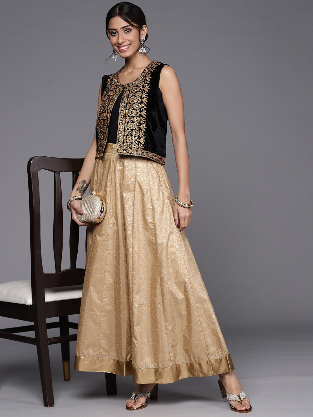 Biba Women Black & Golden Ethnic Embroidered Velvet Finish Ethnic Open-Front Jacket