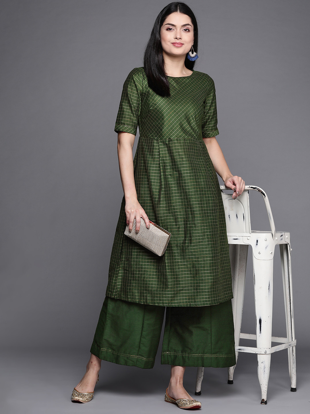 Biba Women Green & Golden Tila Dozi Checked Straight Kurta with Palazzos