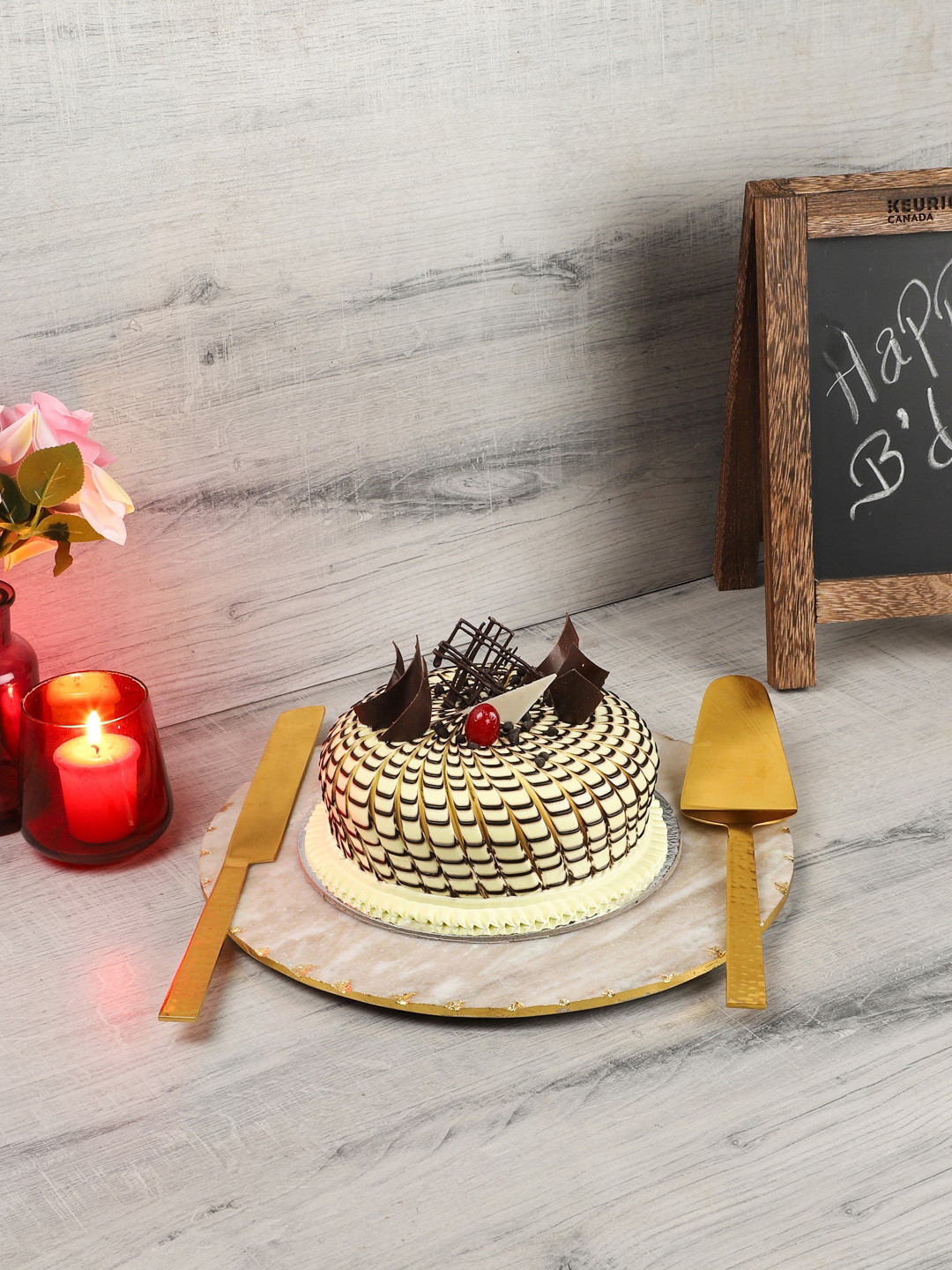 NikkisPride Beige 3 Pcs  Marble Platter With Gold Toned Cake Cutlery