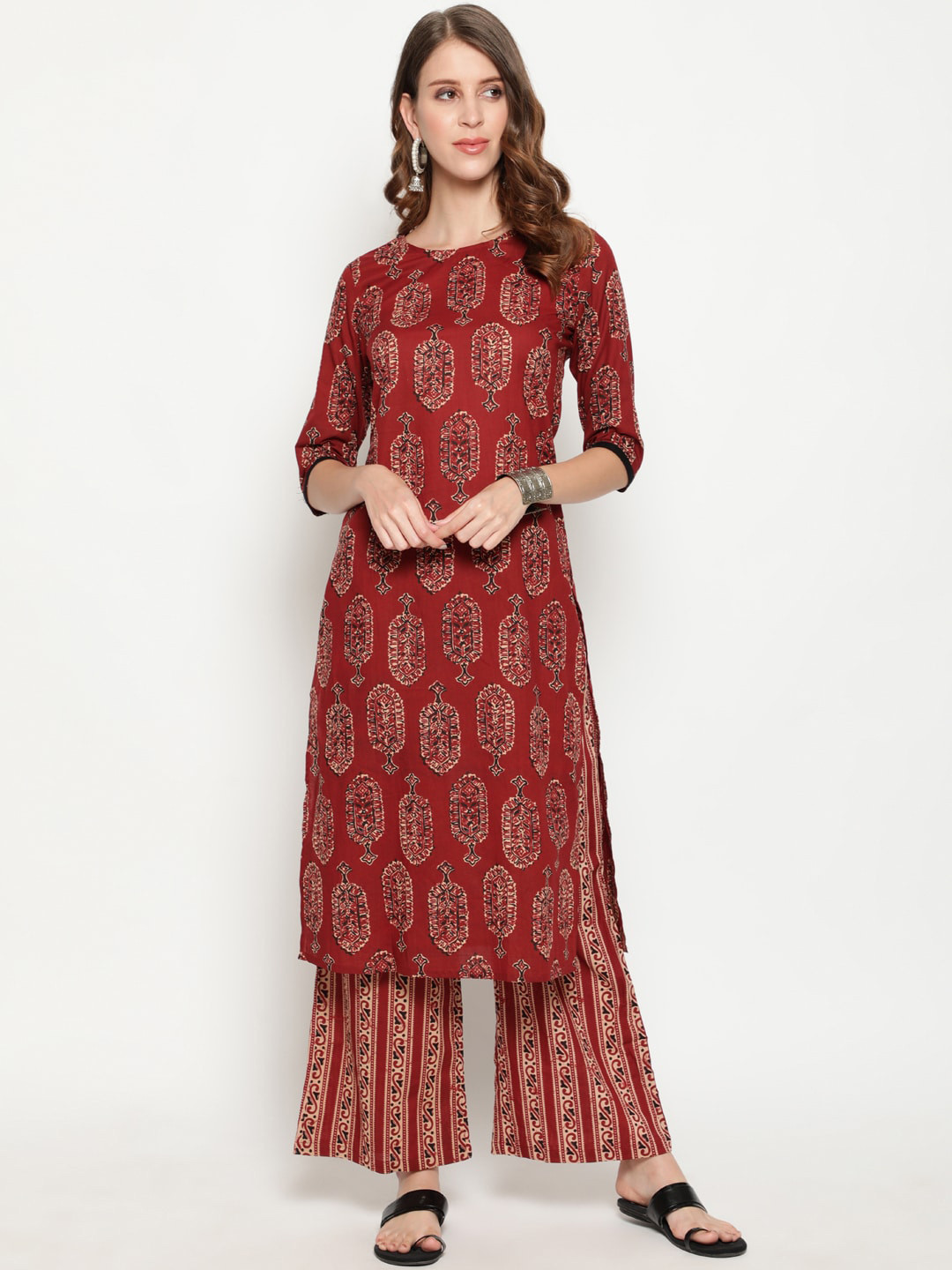 antaran Women Maroon Ethnic Motifs Printed Regular Pure Cotton Kurta with Palazzos