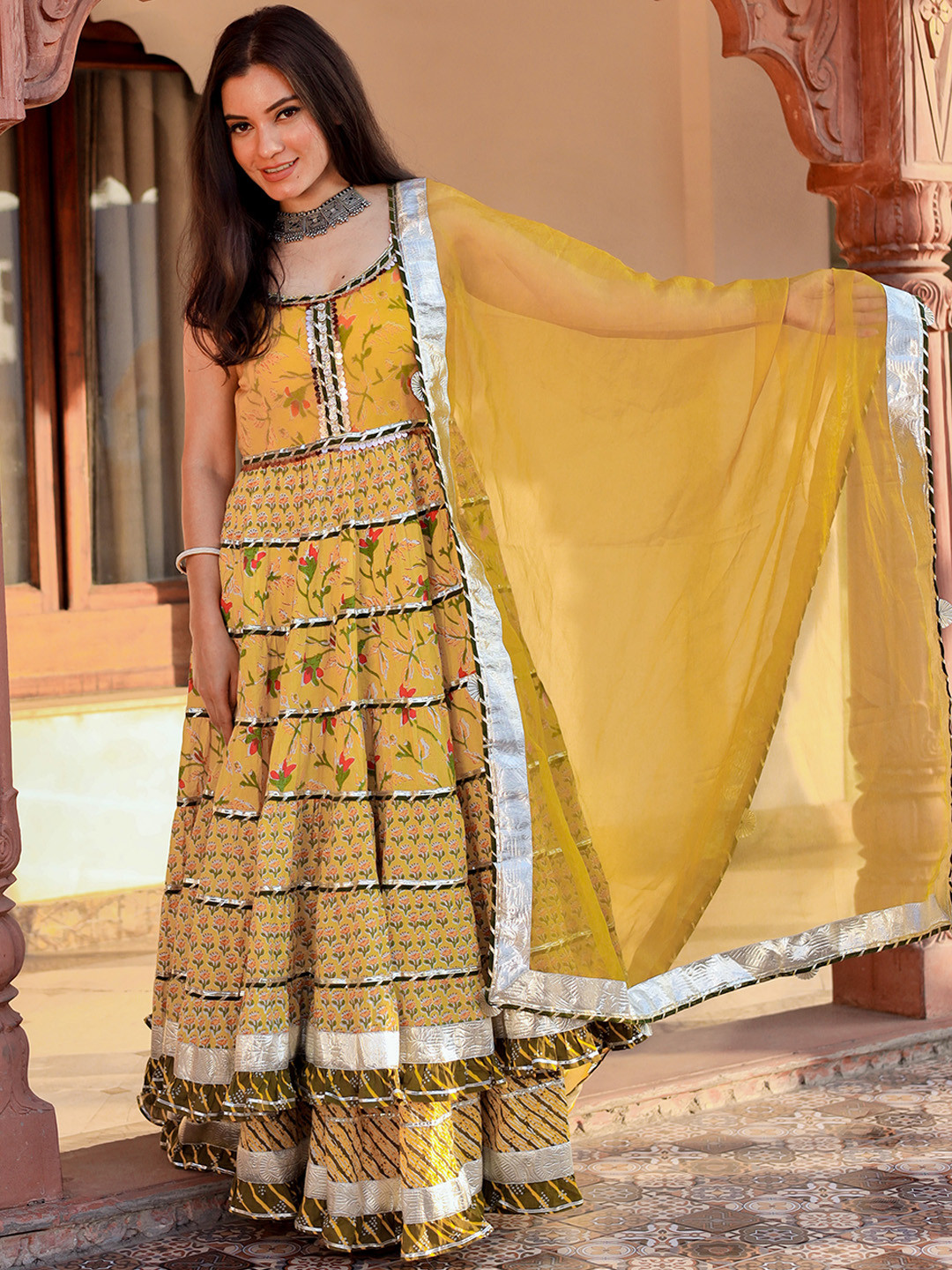 Divena Women Yellow Floral Embroidered Pure Cotton Kurta with Skirt & With Dupatta