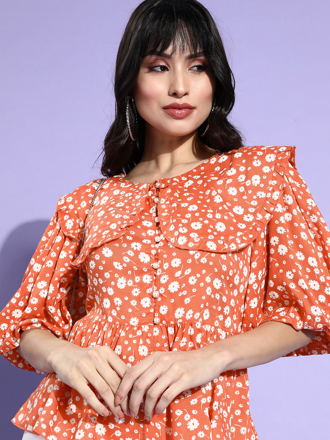 Antheaa Women Bright Orange Floral Peplum Top