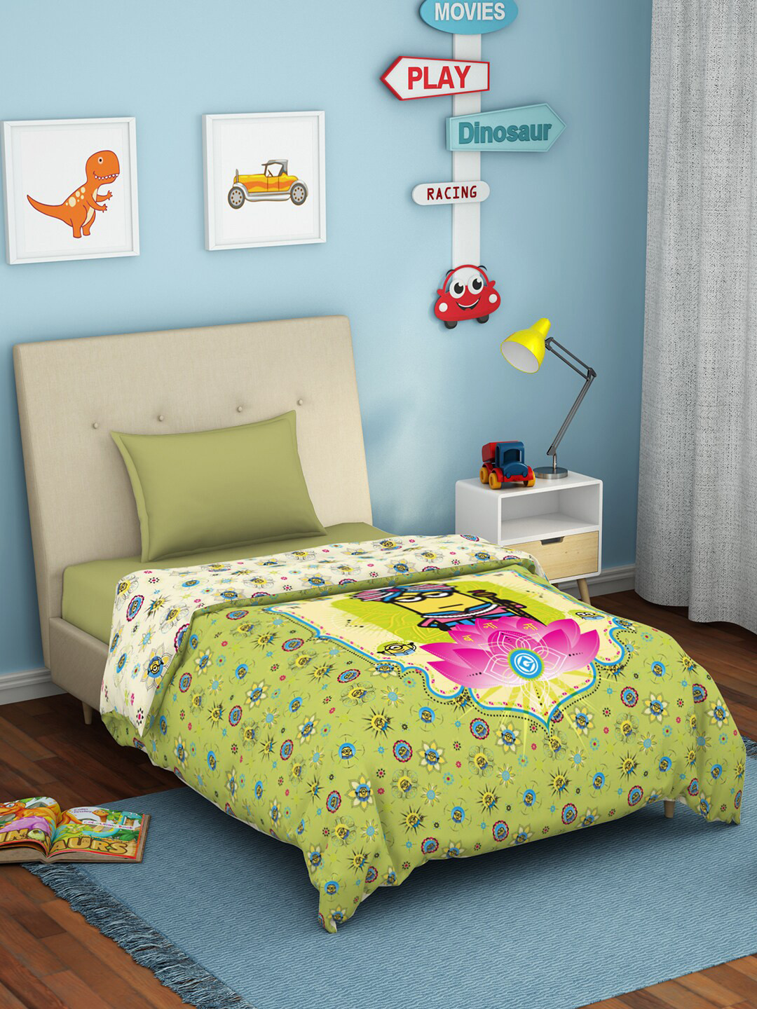 SPACES Yellow & Pink Minions AC Room Pure Cotton Stain Release Skin Safe Single Bed Dohar