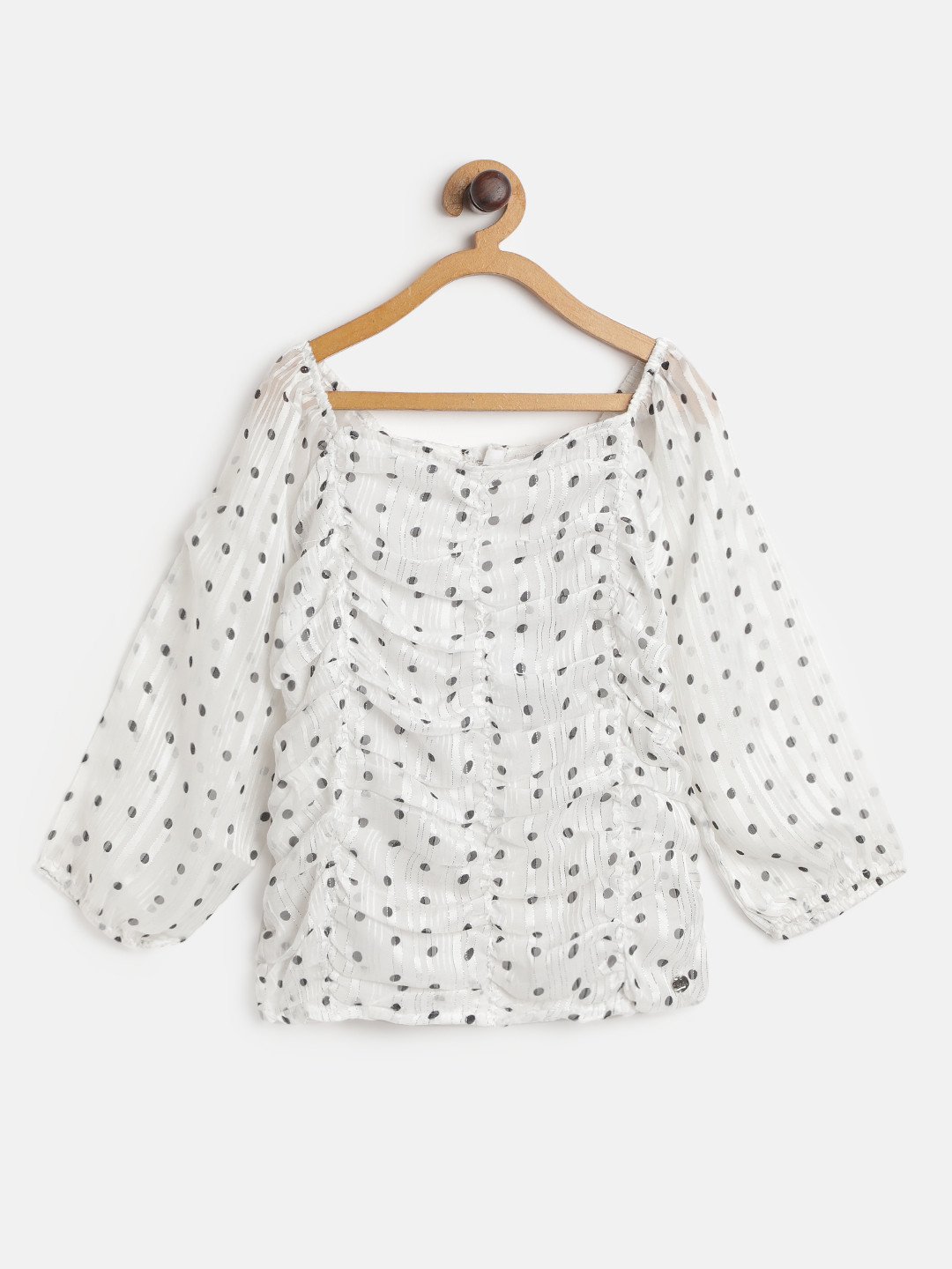 Gini and Jony Girls White & Black Self Striped Polka Dot Print Semi Sheer Ruched Top