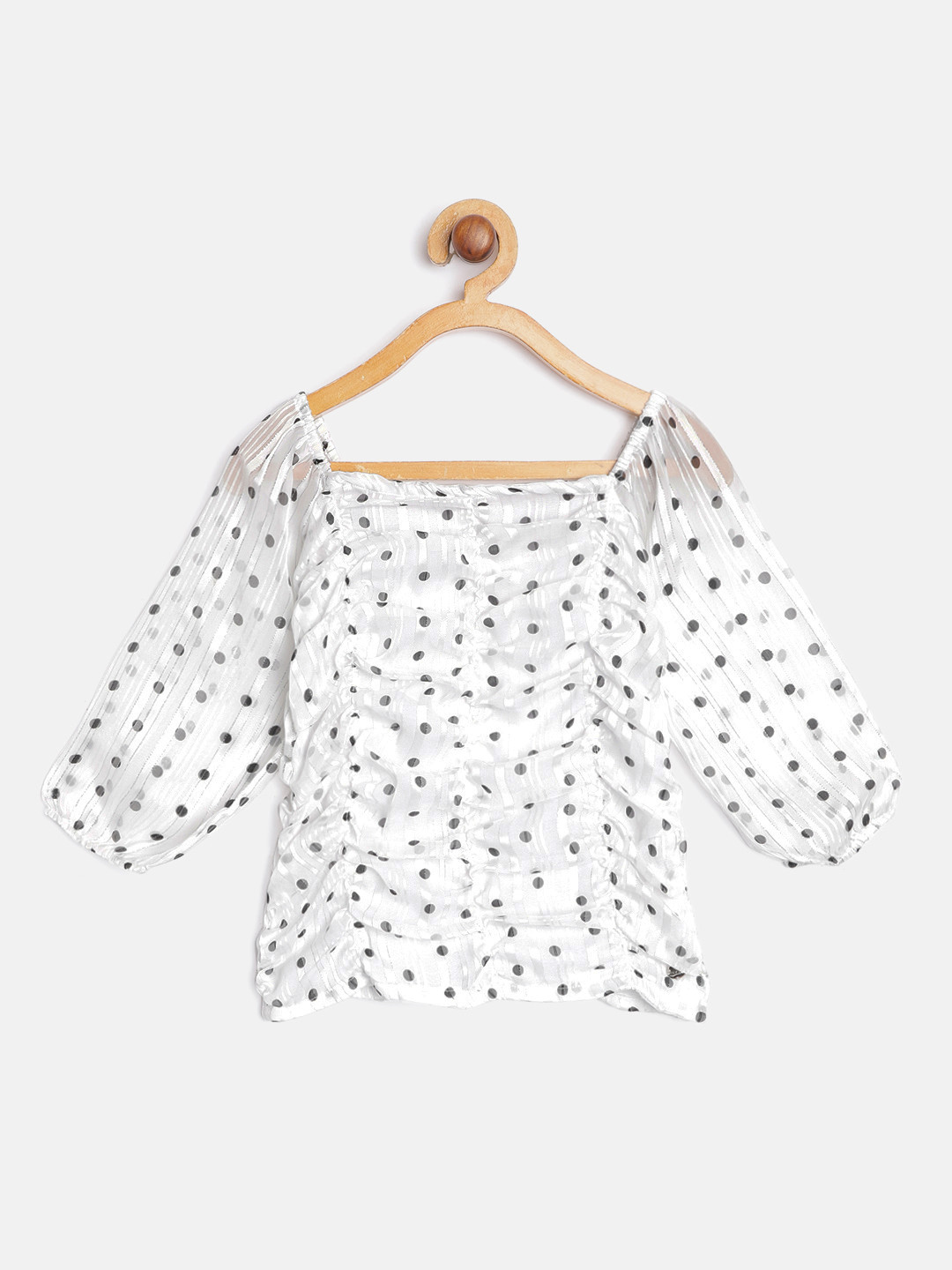 Gini and Jony Girls White & Black Polka Dot Print Off-Shoulder Ruched Bardot Top