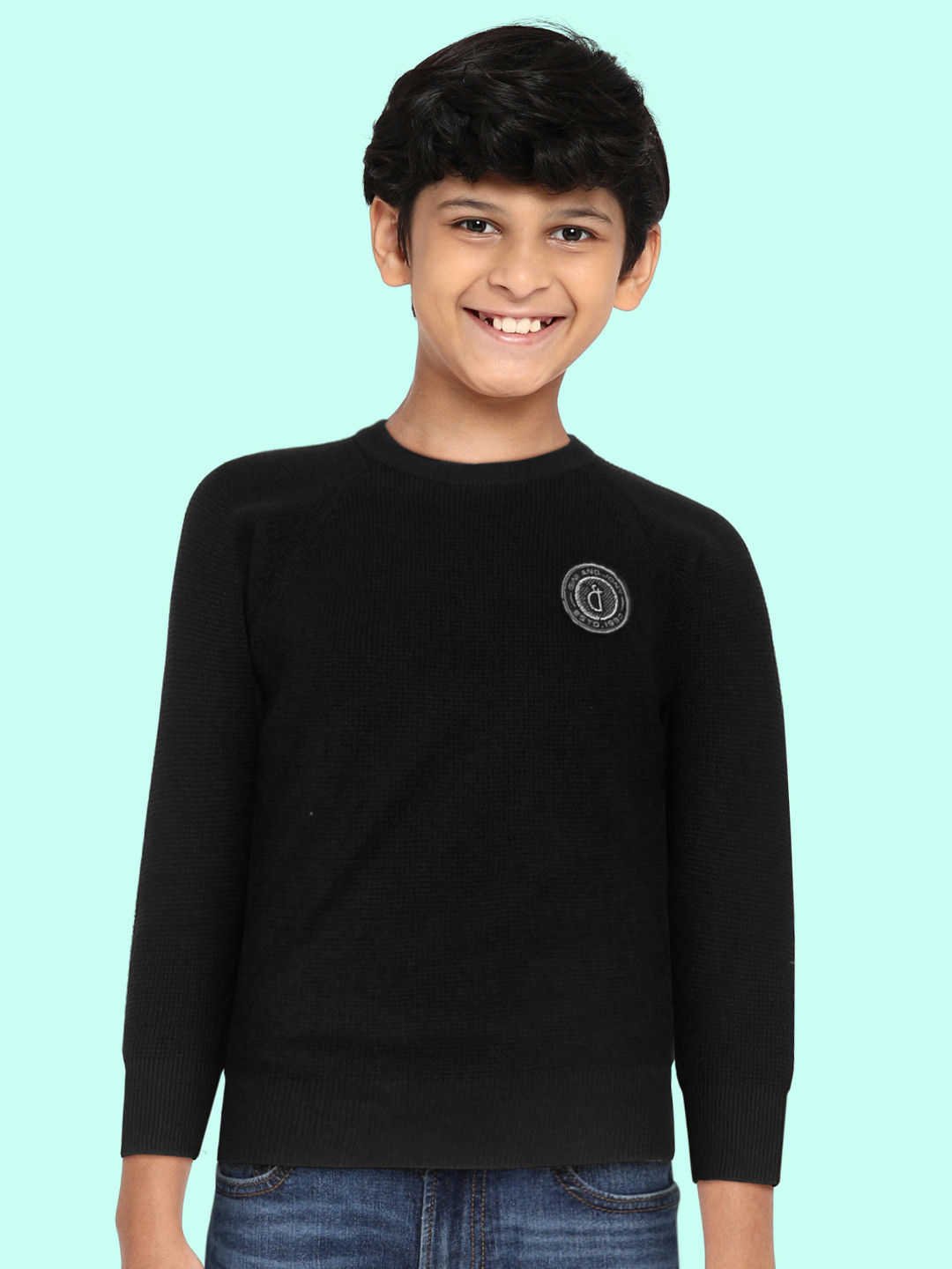 Gini and Jony Boys Black Pure Cotton Solid Pullover with Applique Detail