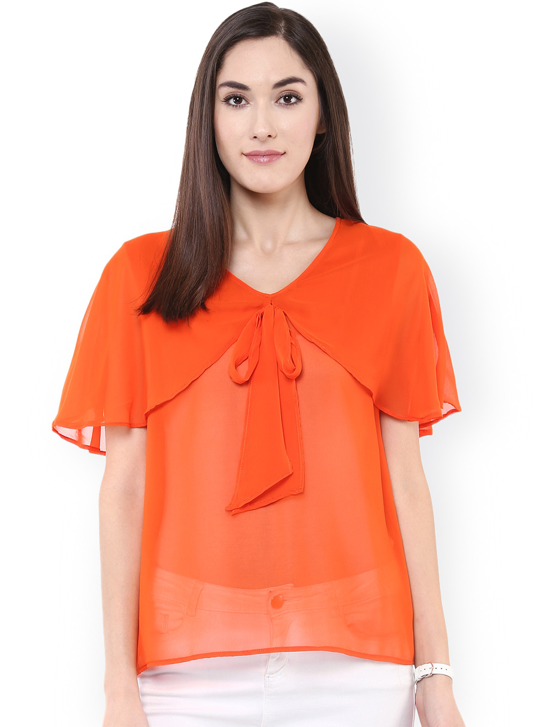 Pannkh Women Orange Solid Cape Top