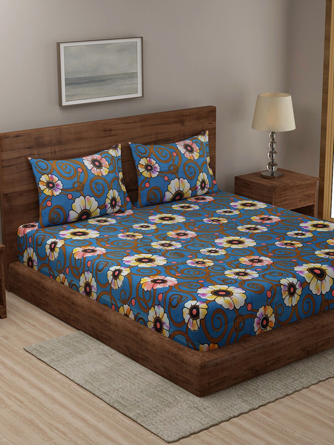 Niamh by Tag 7 Blue Floral Cotton 144 TC King Bedsheet with 2 Pillow Covers-87 x 98 inches