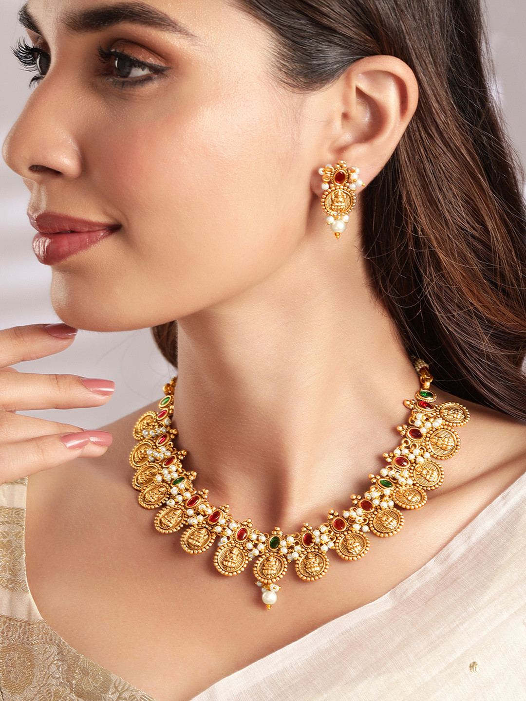 Rubans 24K Gold-Plated Red & Green Stone-Studded & Beaded Filgree Handcrafted Jewellery Set