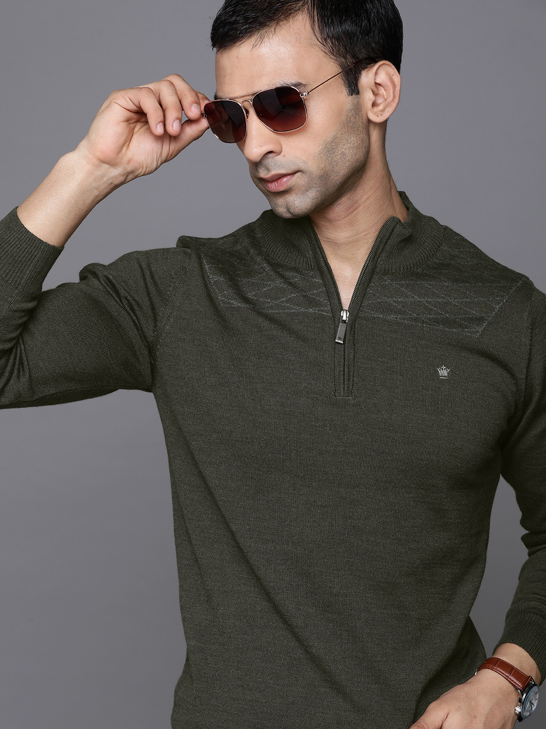Louis Philippe Men Olive Green Solid Pullover