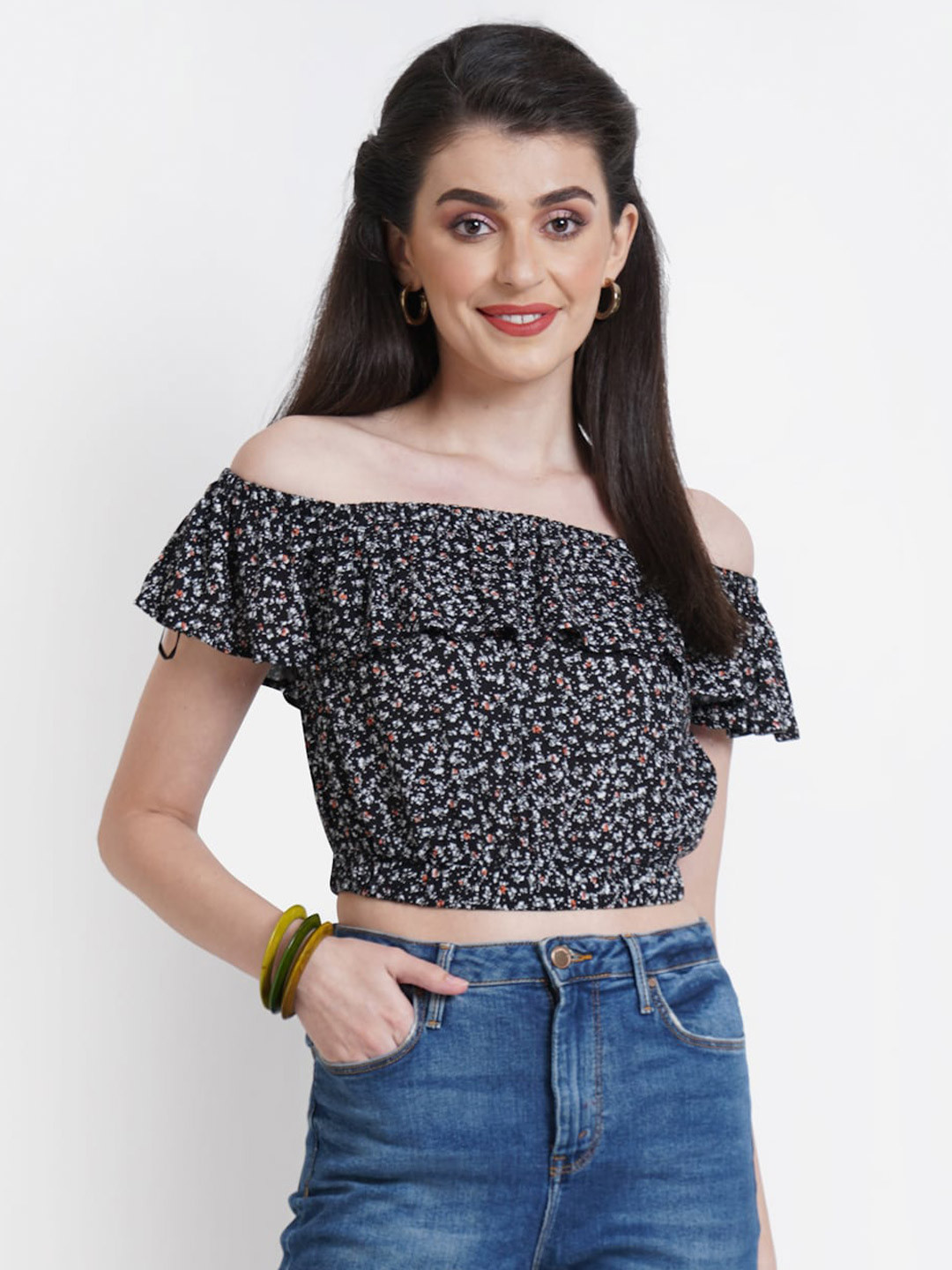 WESTCLO Black Floral Off-Shoulder Bardot Crop Top