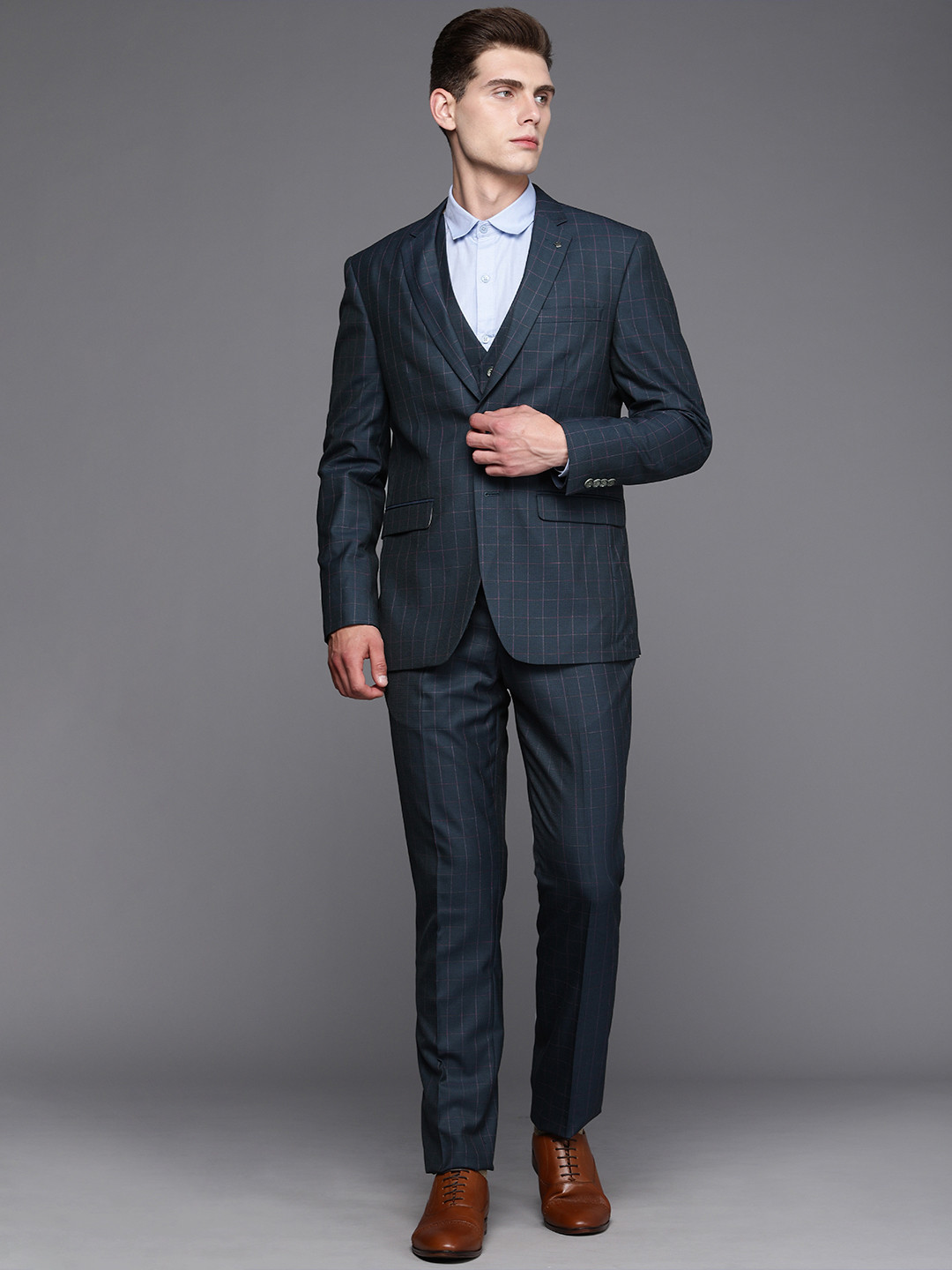 Louis Philippe Men Green Checked Single-Breaster Slim Fit Suit