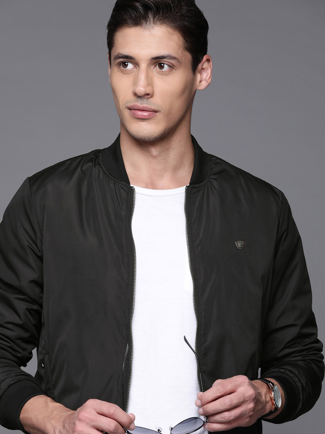 Louis Philippe Men Black Solid Bomber Jacket