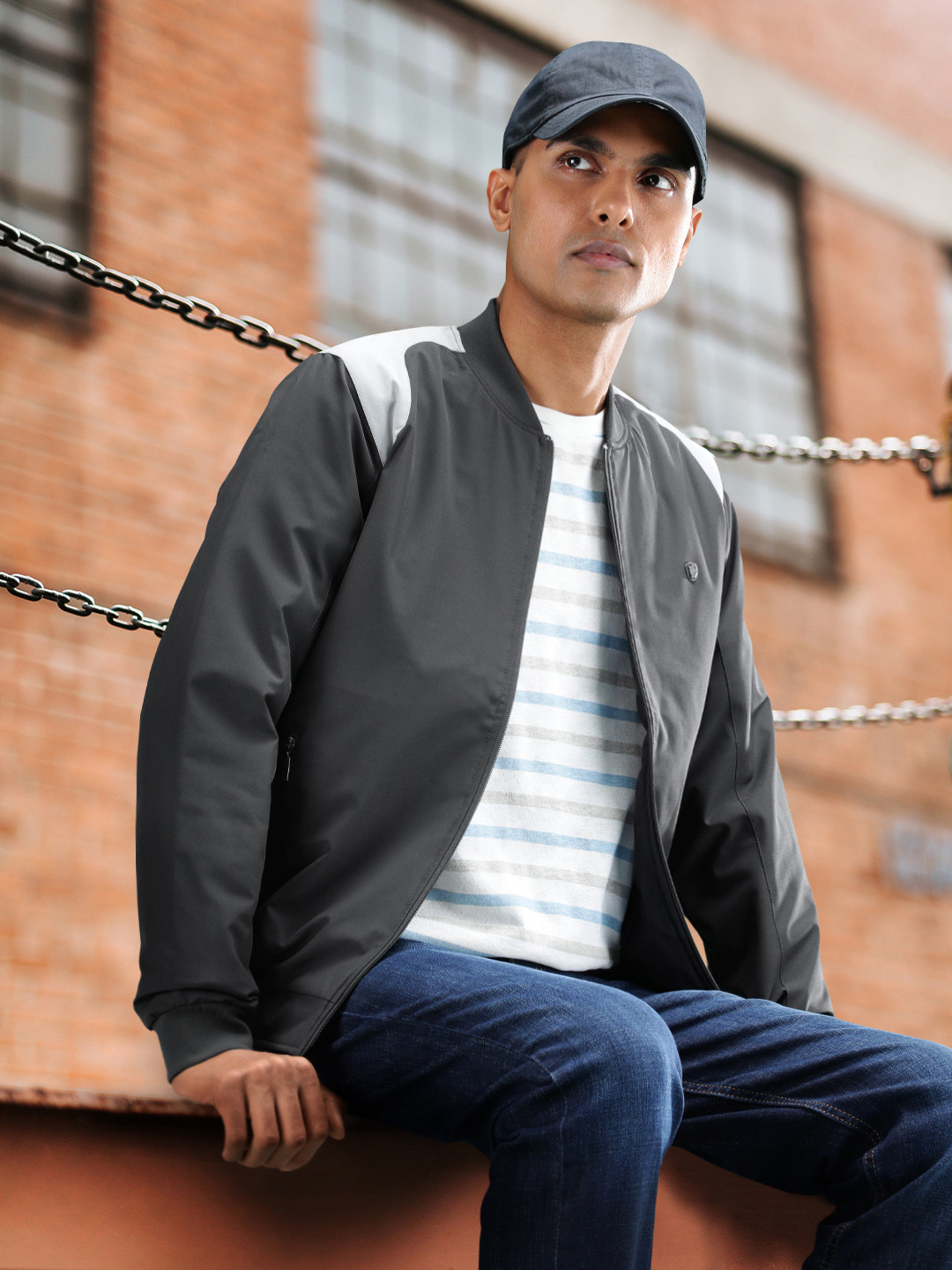Louis Philippe Men Charcoal Grey Solid Bomber Jacket