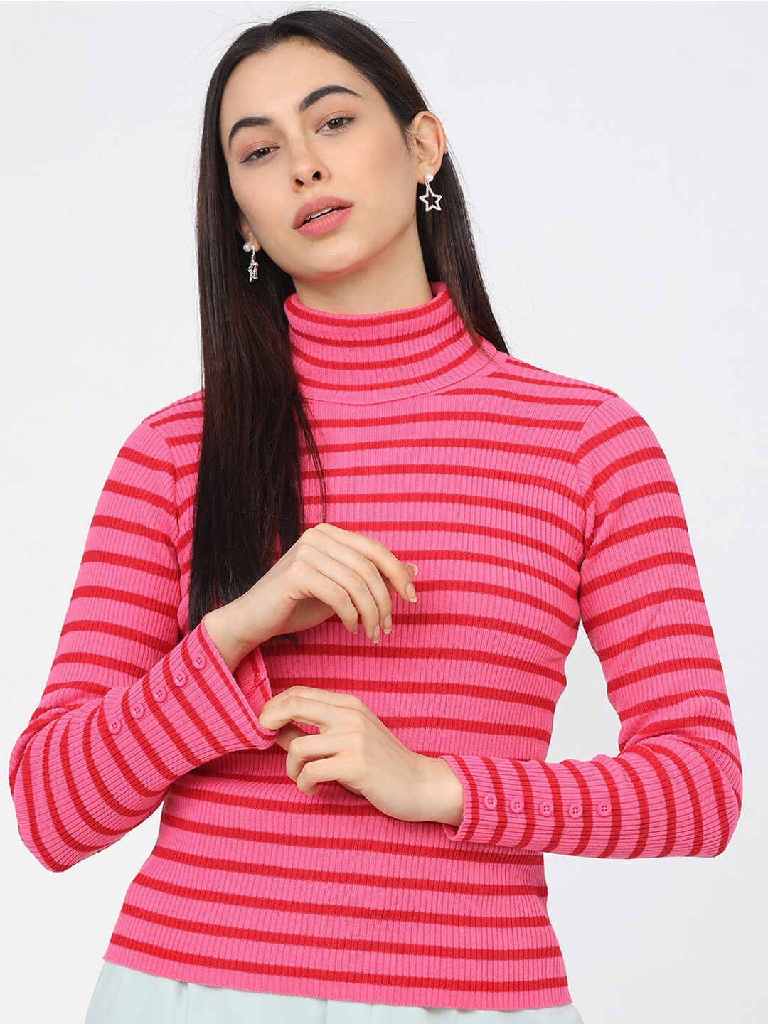 Tokyo Talkies Women Pink & Red Striped Turtle Neck Acrylic Pullover Sweater