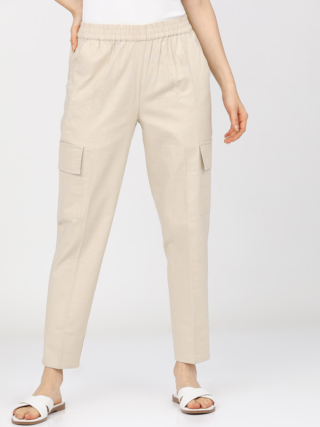 Tokyo Talkies Women Cream-Coloured Straight Fit Cargos Trousers
