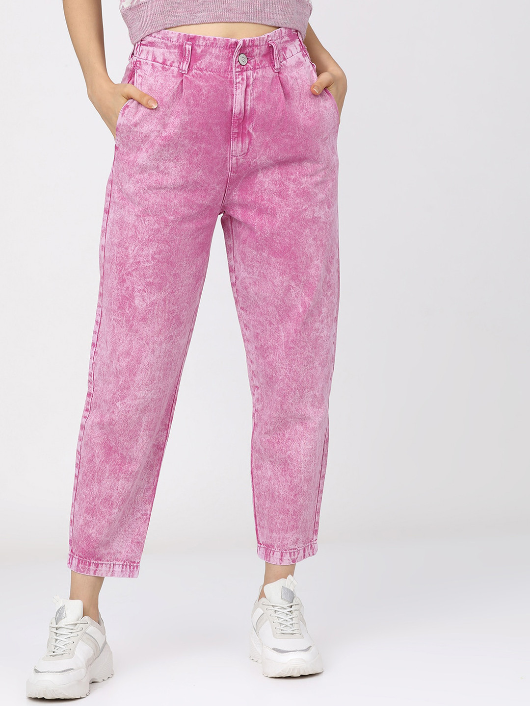 Tokyo Talkies Women Pink High-Rise Low Distress Heavy Fade Stretchable Jeans