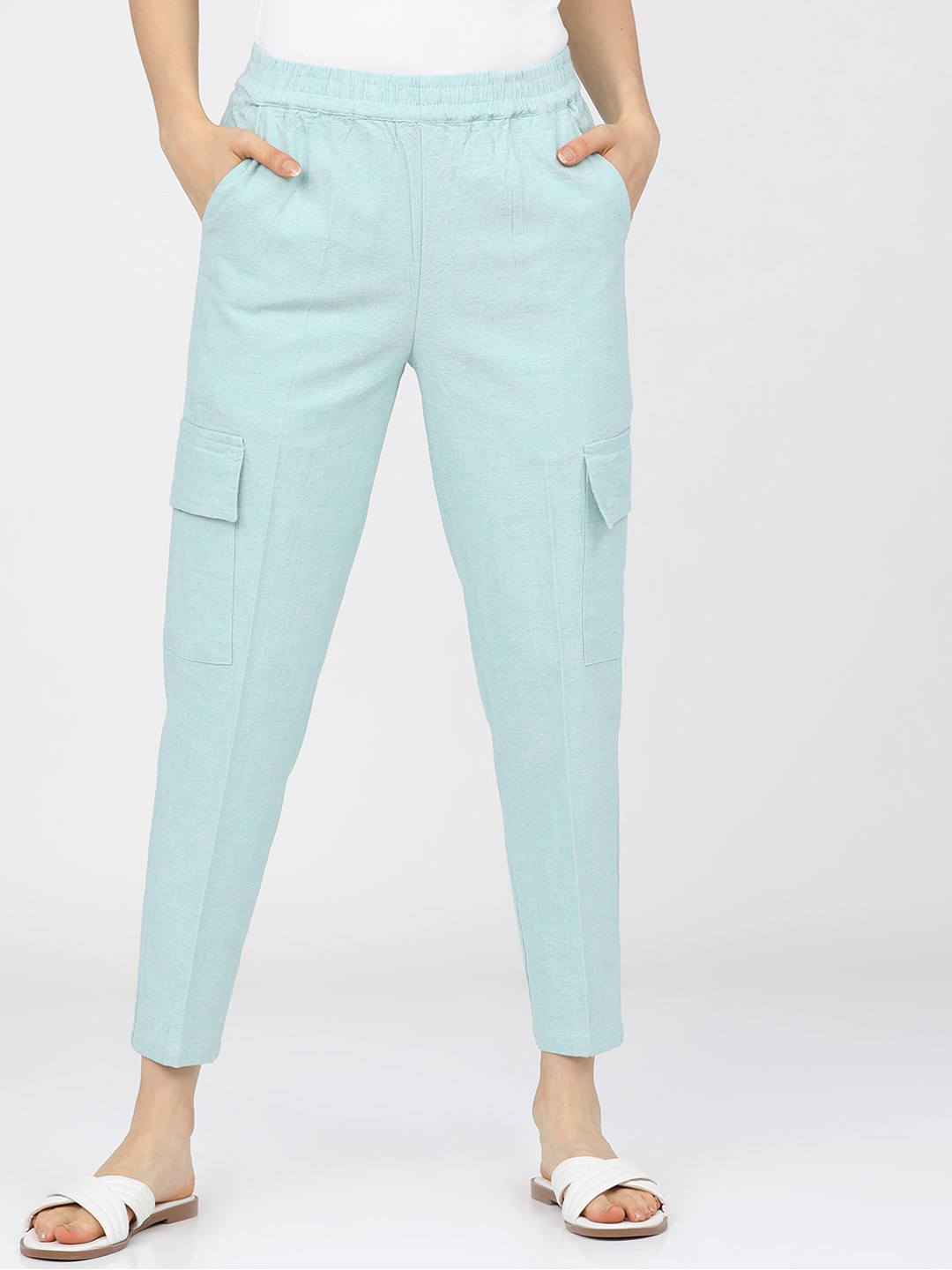 Tokyo Talkies Women Sea Green Tapered Fit Cargo Trousers