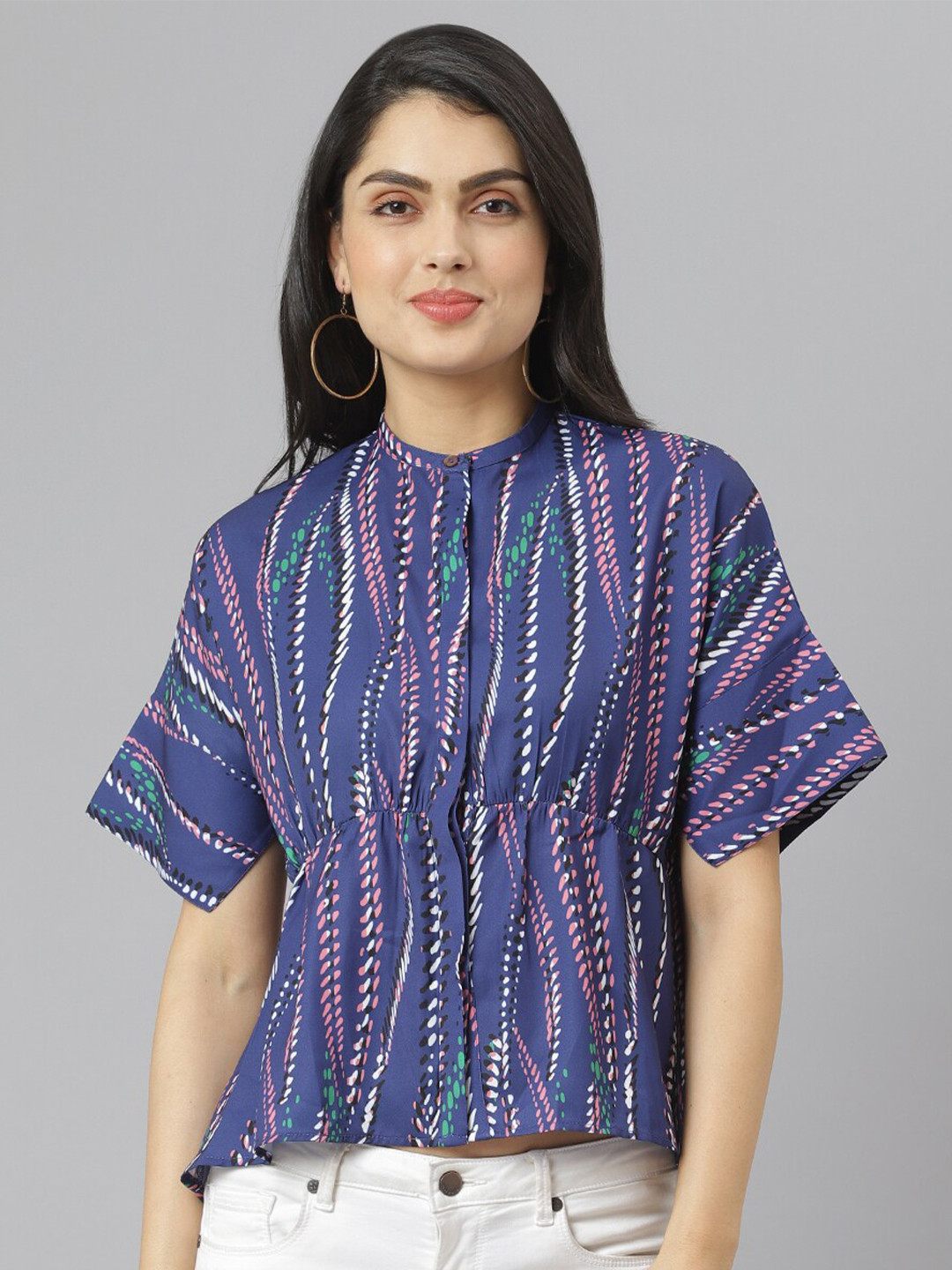 am ma Blue Mandarin Collar Georgette Shirt Style Top