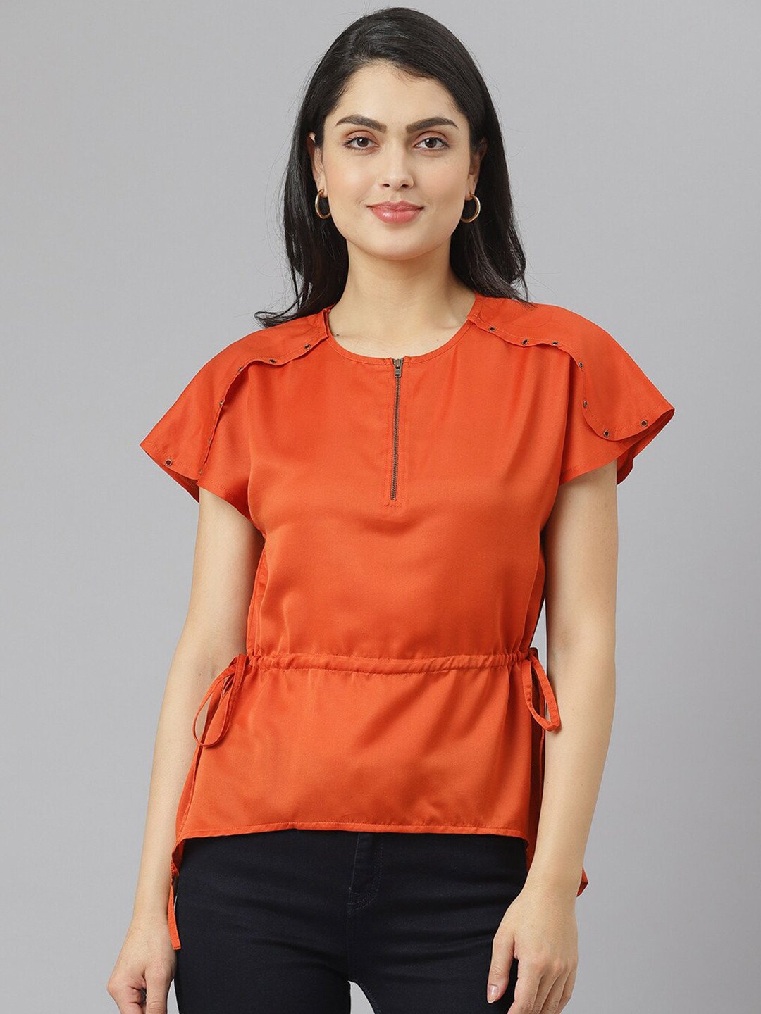 am ma Orange Satin Cinched Waist Top