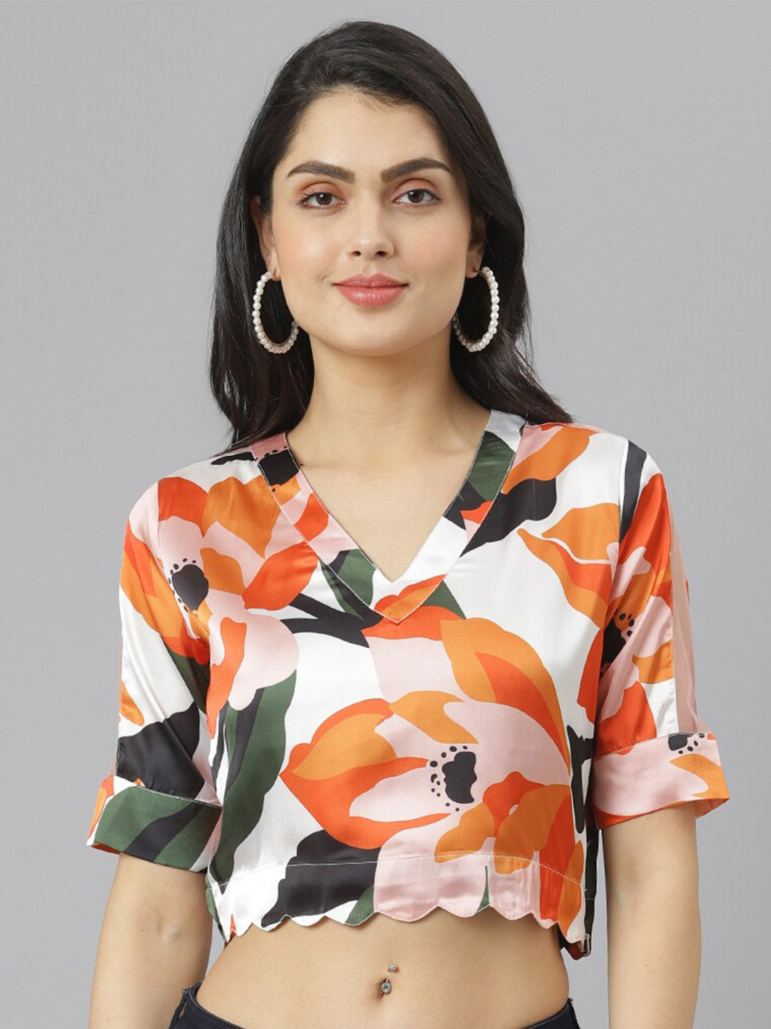am ma White & Orange Tropical Wrap Crop Top
