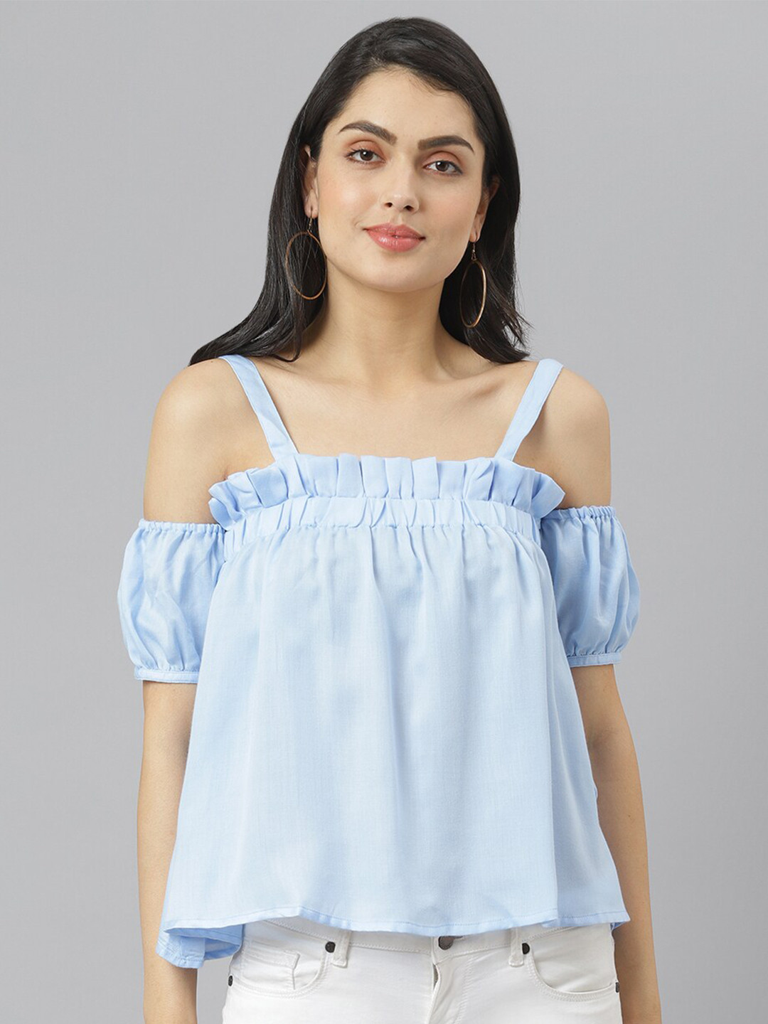 am ma Blue Cold-Shoulder A-Line Top