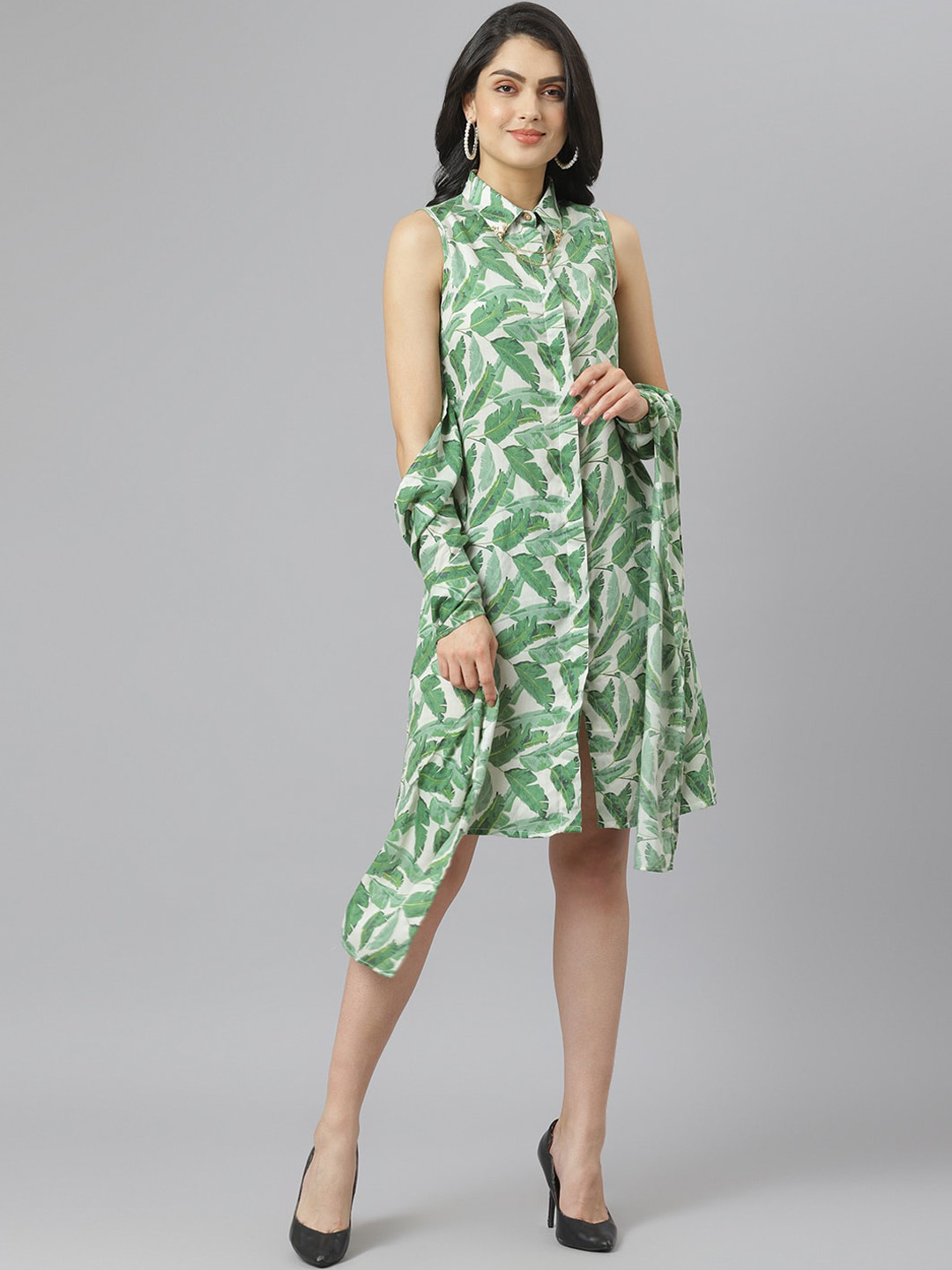 am ma White Tropical Satin Shirt Midi Dress