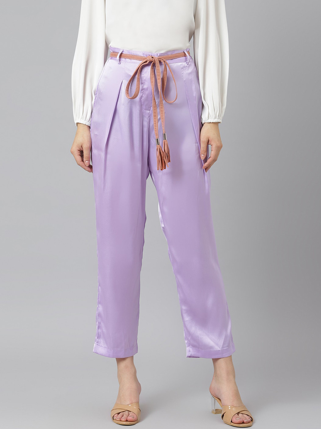 am ma Women Lavender Pleated Peg Trousers with Belt