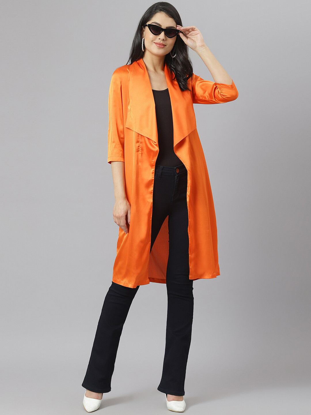 am ma Women Orange Longline Open Front Jacket