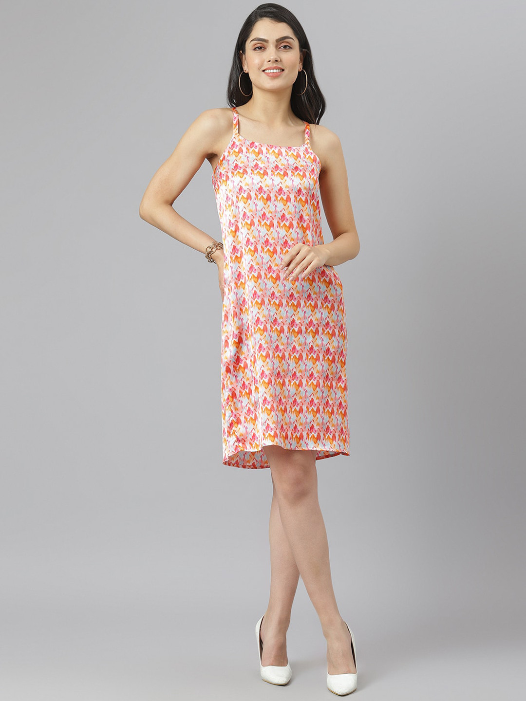 am ma Coral & White Satin A-Line Dress