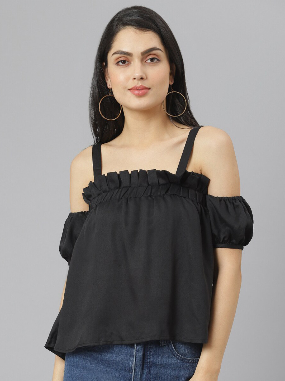 am ma Black Solid Cold-Shoulder Sleeves Satin Regular Top