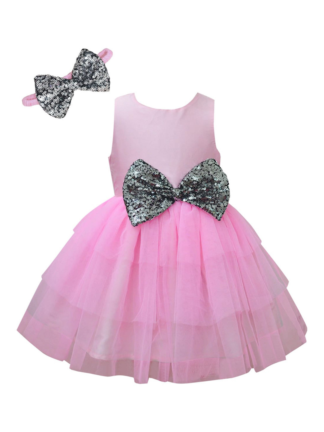 A T U N Pink Embellished Net Dress