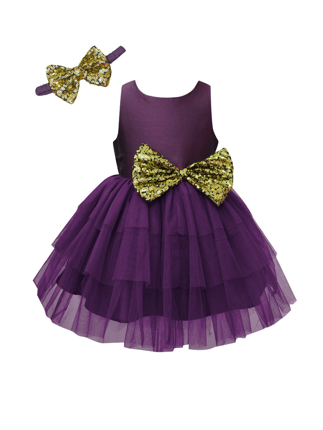 A.T.U.N. Purple & Gold-Toned Net Dress With Headband