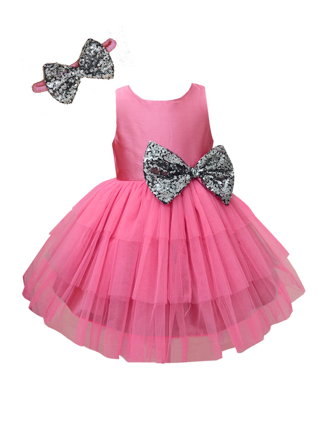 A.T.U.N. Girls Pink & Silver-Toned Layered Net Dress with Headband