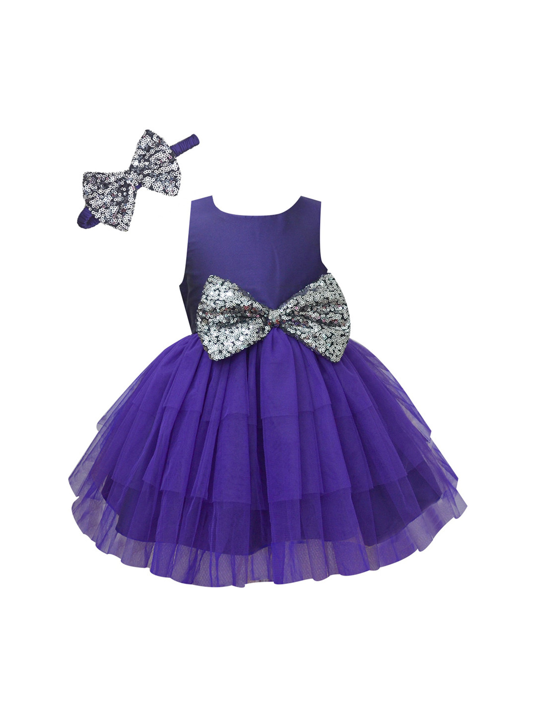 A T U N Girls Purple & Silver Toned Embellished Ft & Flare Net Dress with Bow Headband