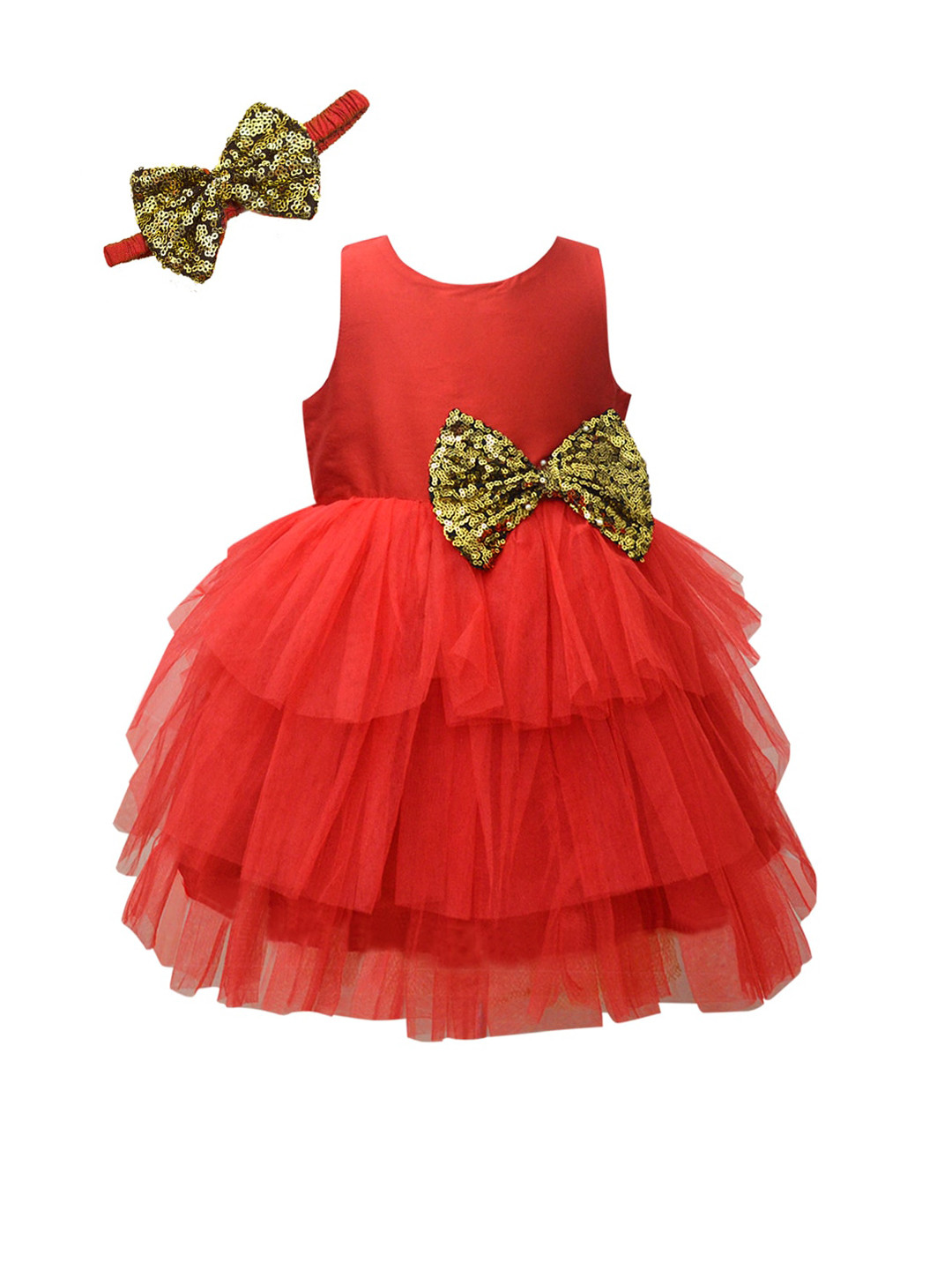 A T U N Red Layered Net Dress